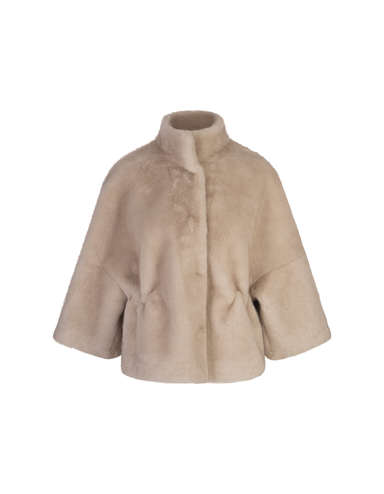 Beige Faux Fur Jacket With Drawstring Behind