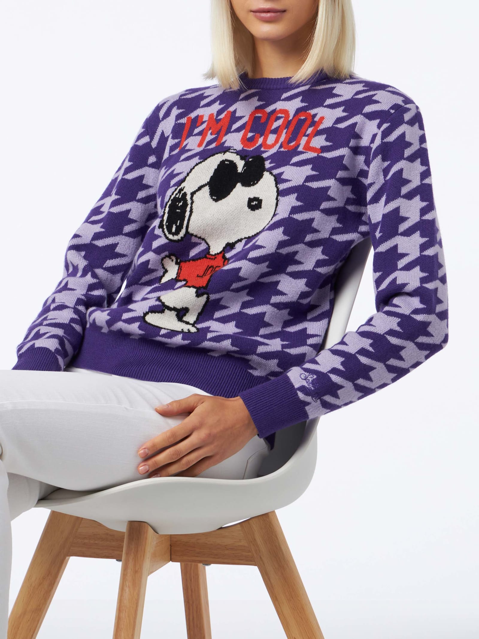 Shop Mc2 Saint Barth Woman Crewneck Pied De Poule Sweater With Snoopy Print Snoopy Peanuts Special Edition In Pink