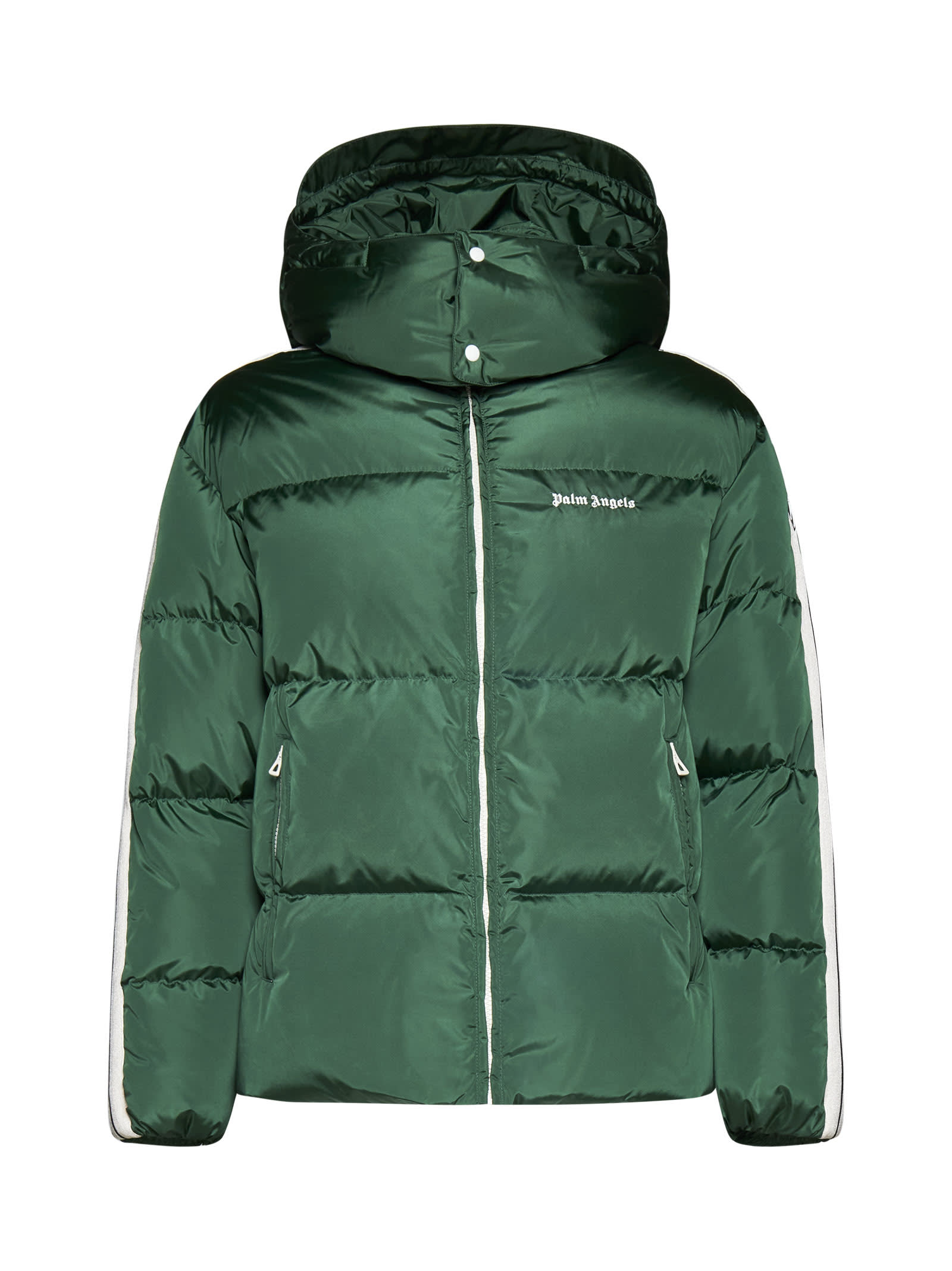 Palm Angels Logo Printed Zipped Down Jacket In Forest Green White