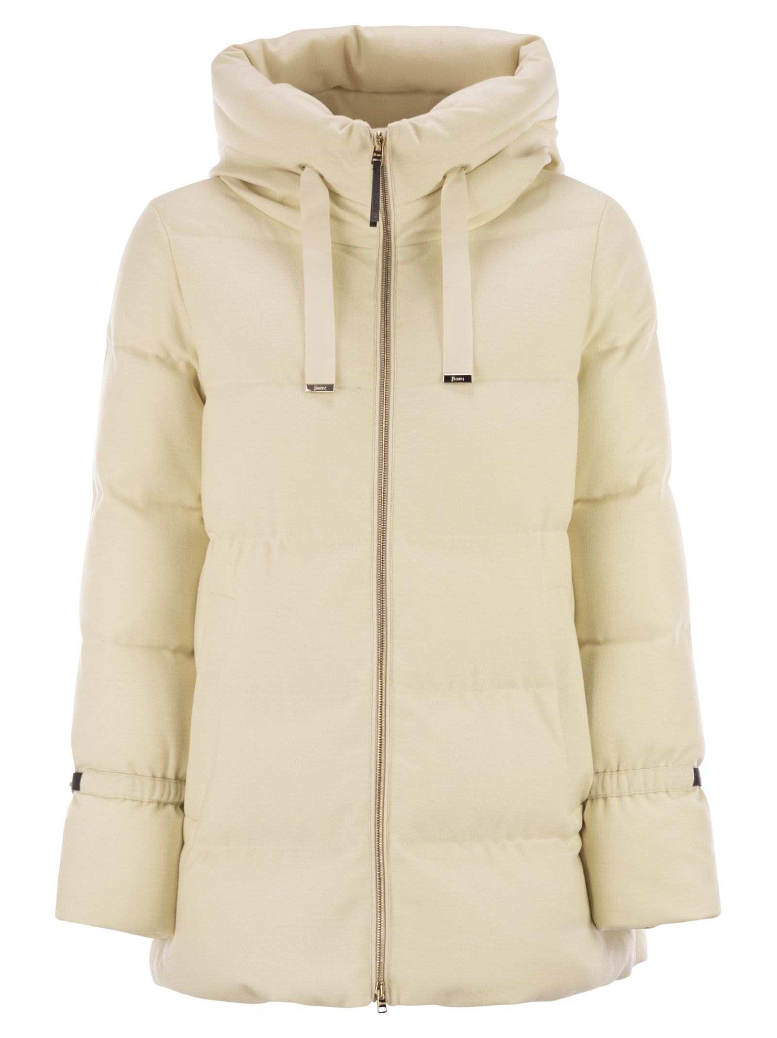 Herno Hooded Medium-length Wool Down Jacket With Zip In Multi