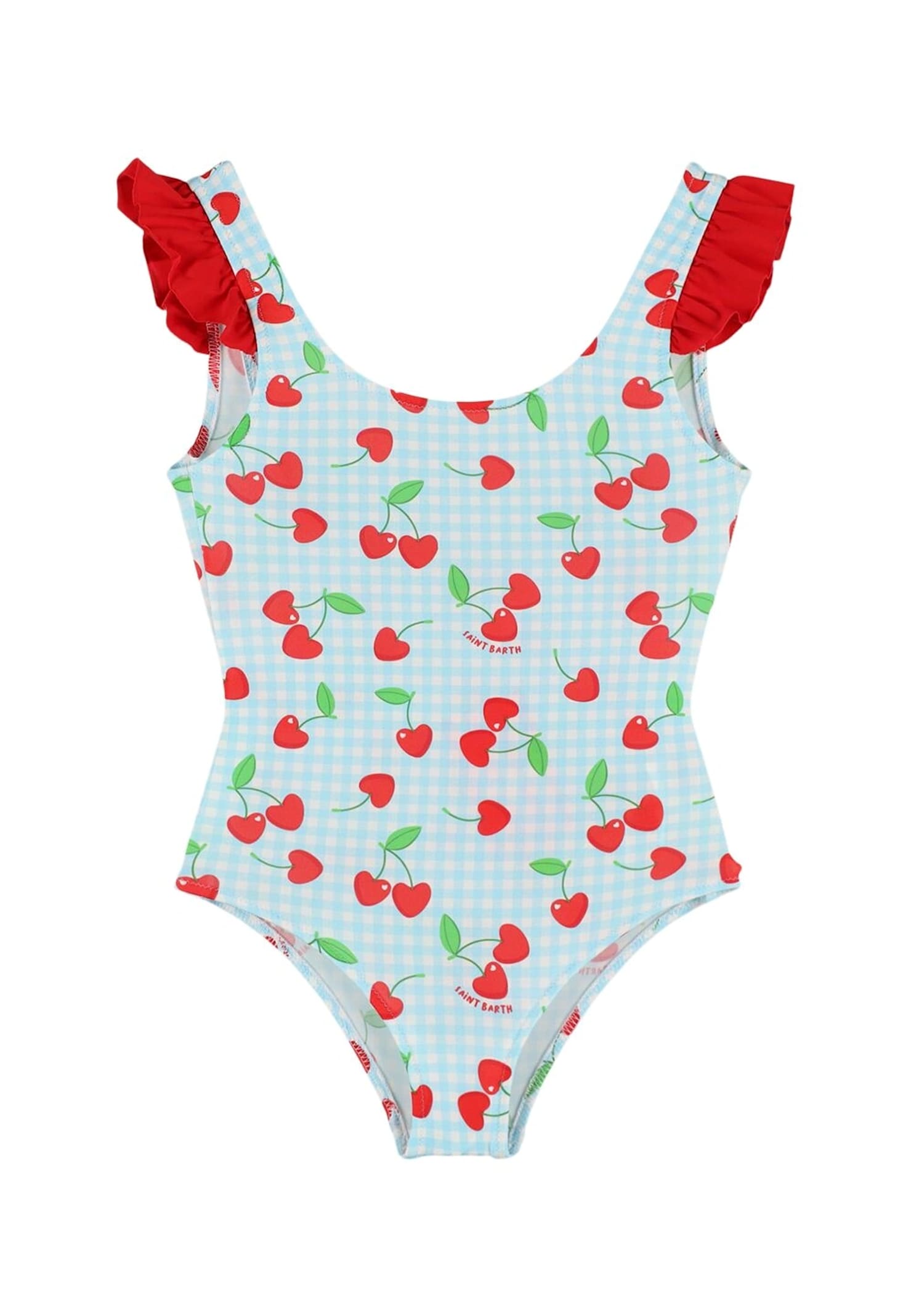 Mc2 Saint Barth Light Blue Swimsuit For Girl With Cherries In Blue
