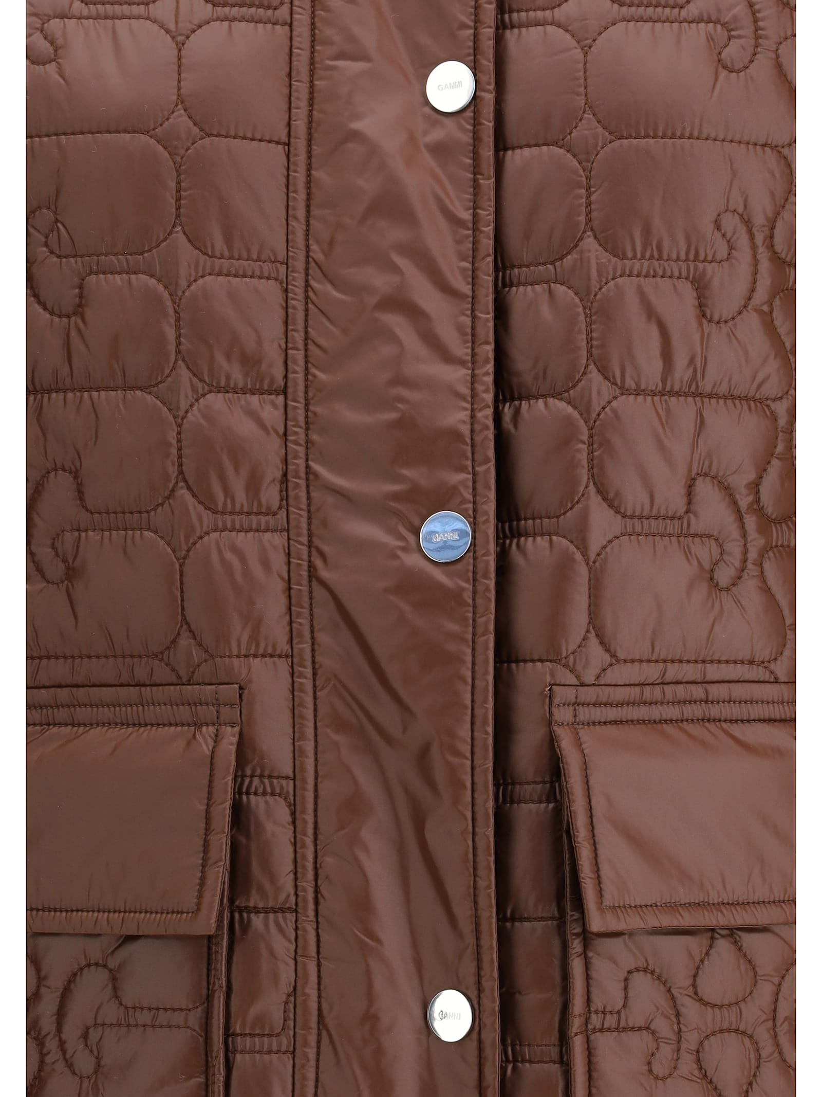 Ganni Quilted Coat With Contrasting Collar In Brown