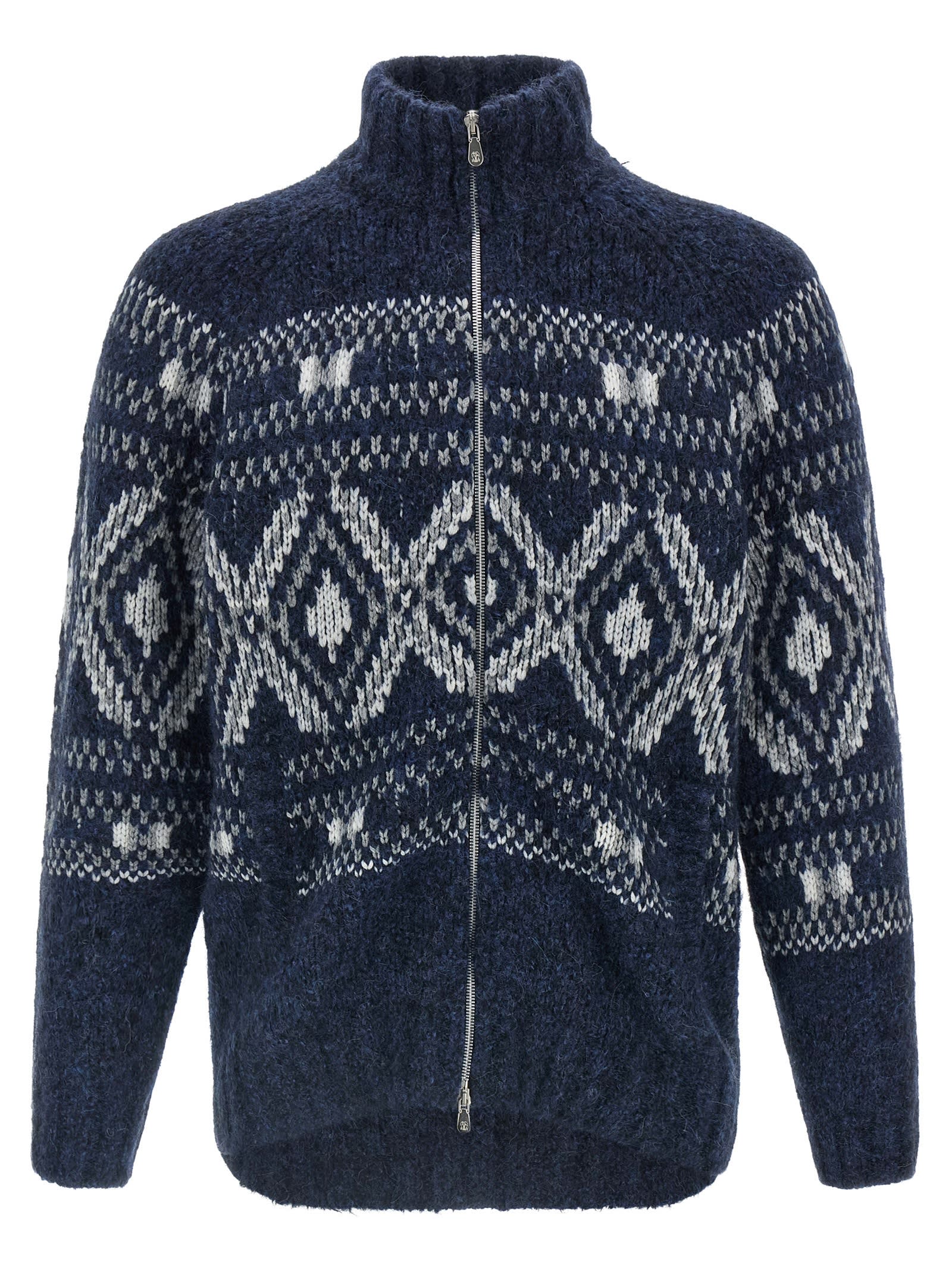 Brunello Cucinelli Geometric Jacquard Cardigan In Wool And Cashmere In Blue