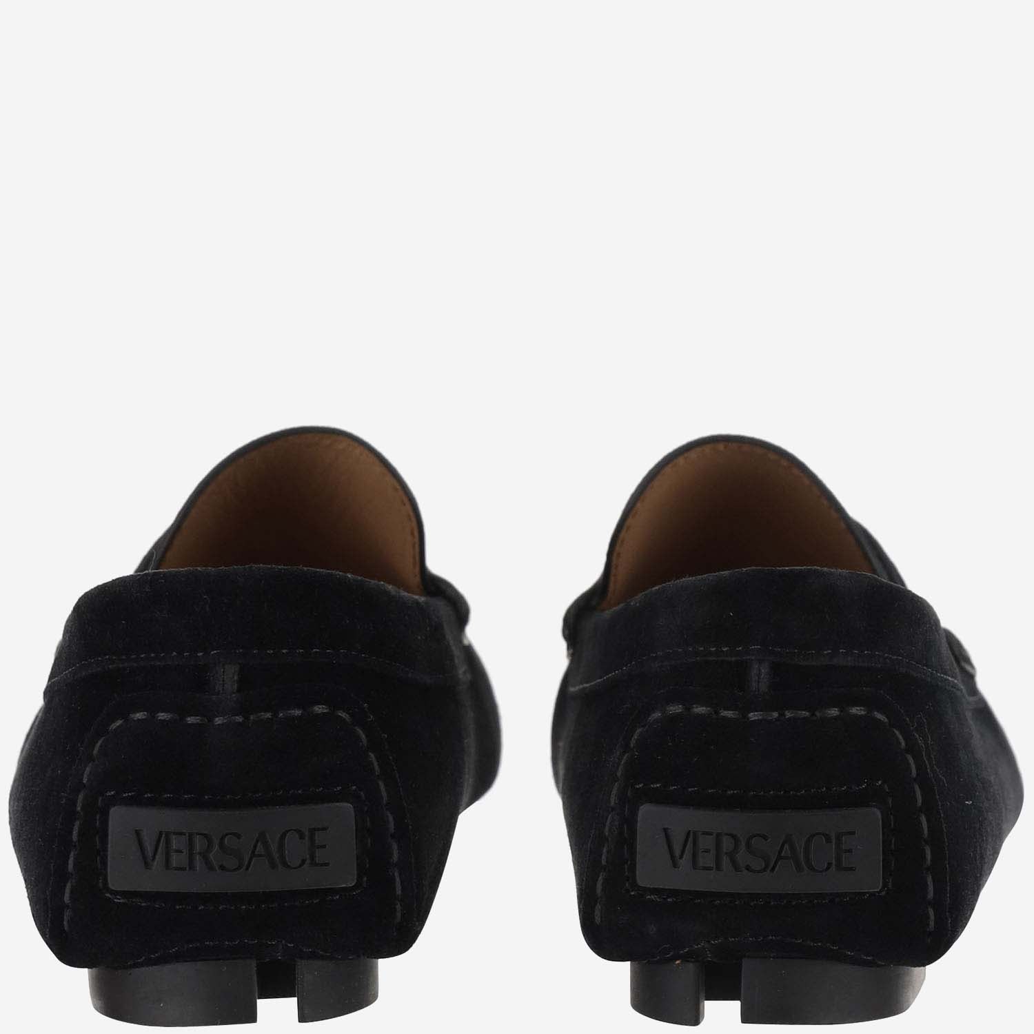 Shop Versace Medusa Biggie Suede Driver Loafers In Black