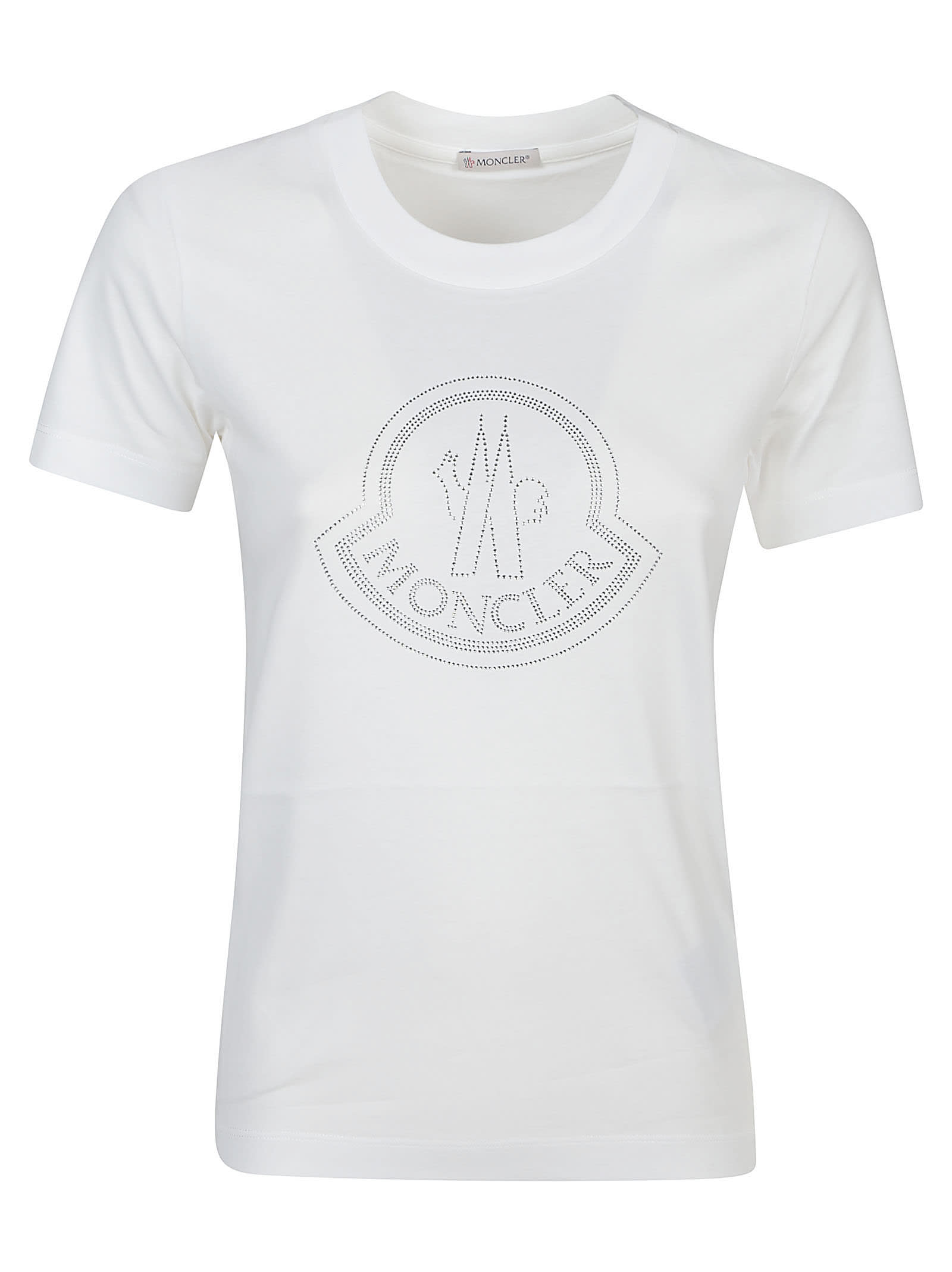 Moncler Women White Cotton Rhinestone Logo T-shirt In Bianco