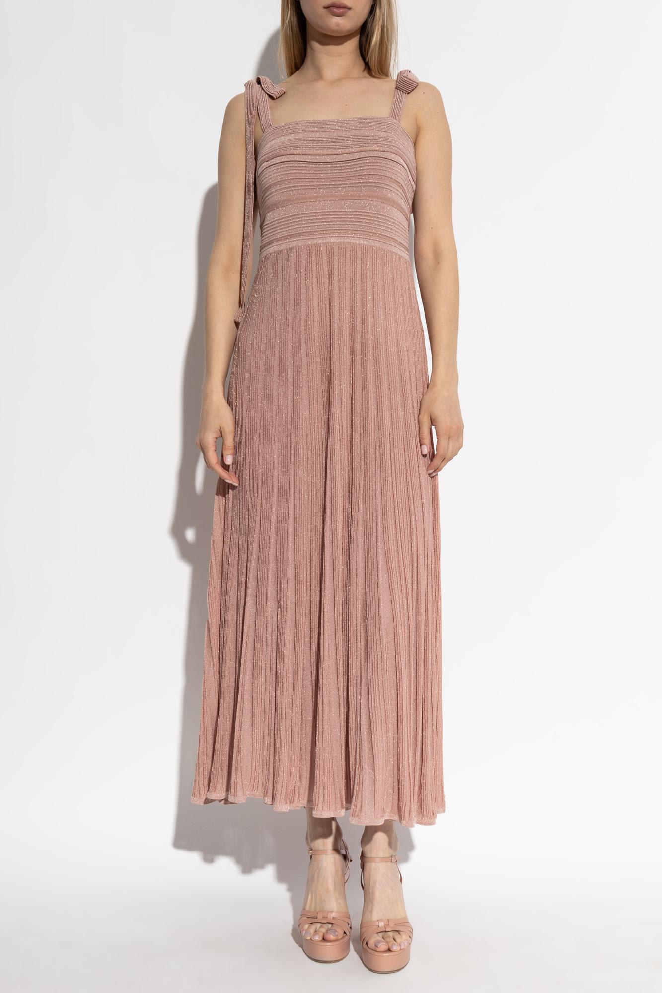 Zimmermann Lucky Tie Shoulder Metallic Rib Maxi Dress In Pink