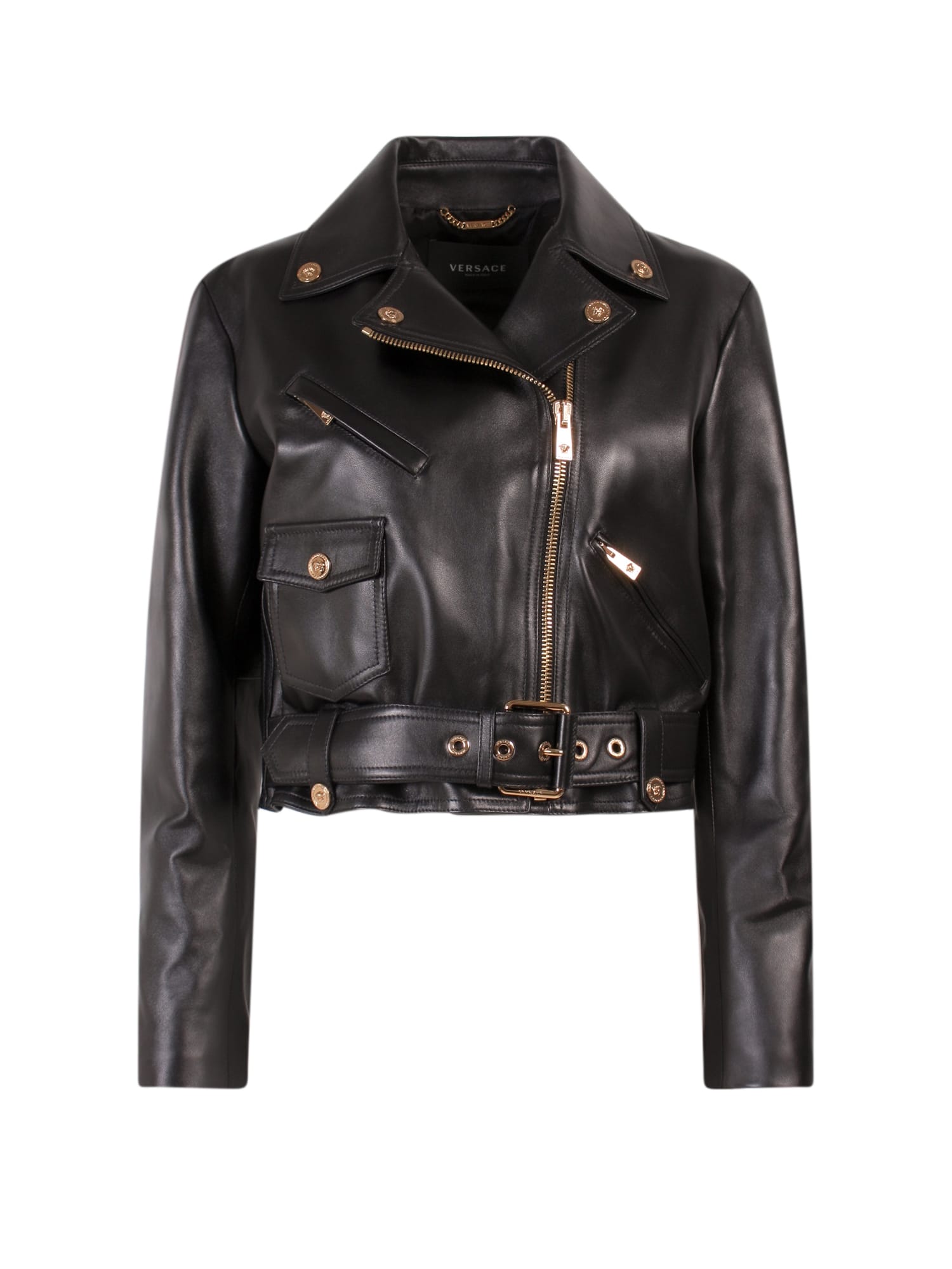 Versace Medusa Embellished Leather Biker Jacket In Nero | ModeSens