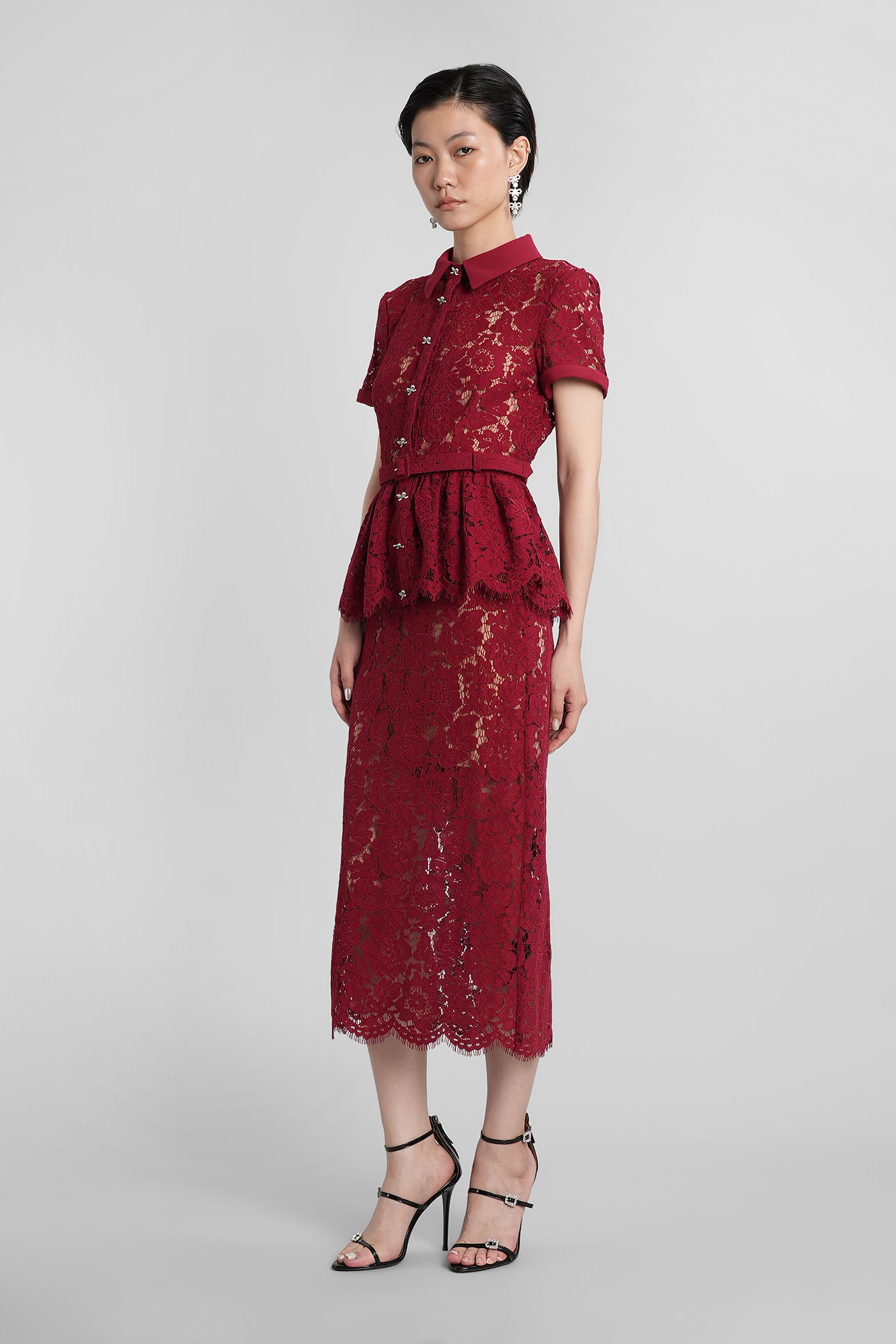 Self-portrait Bordeaux Lace Peplum Midi Dress In Burgundy