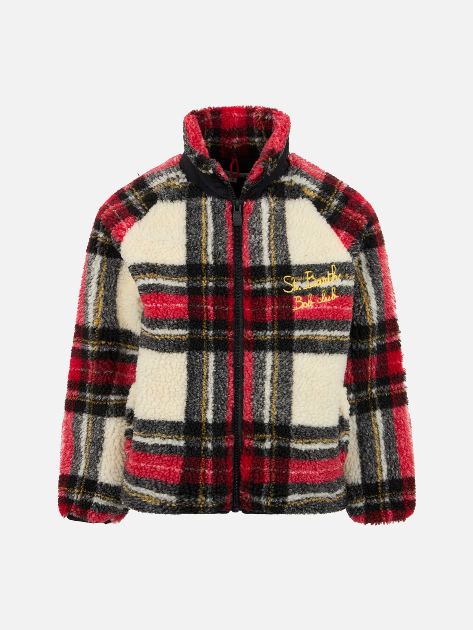 Mc2 Saint Barth Girl Sherpa Jacket With Tartan Print In White