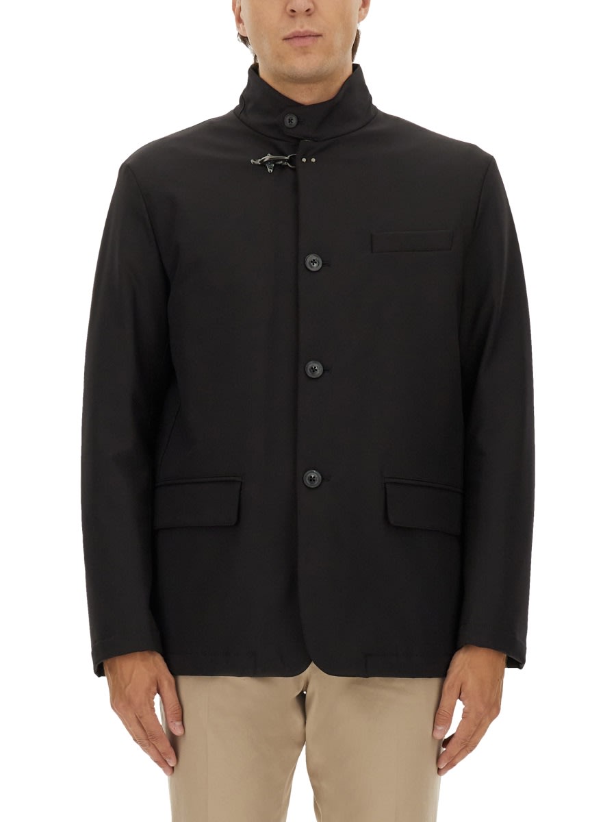 Fay High Collar Jacket With Unique Hook Closure And Flap Pockets In Black