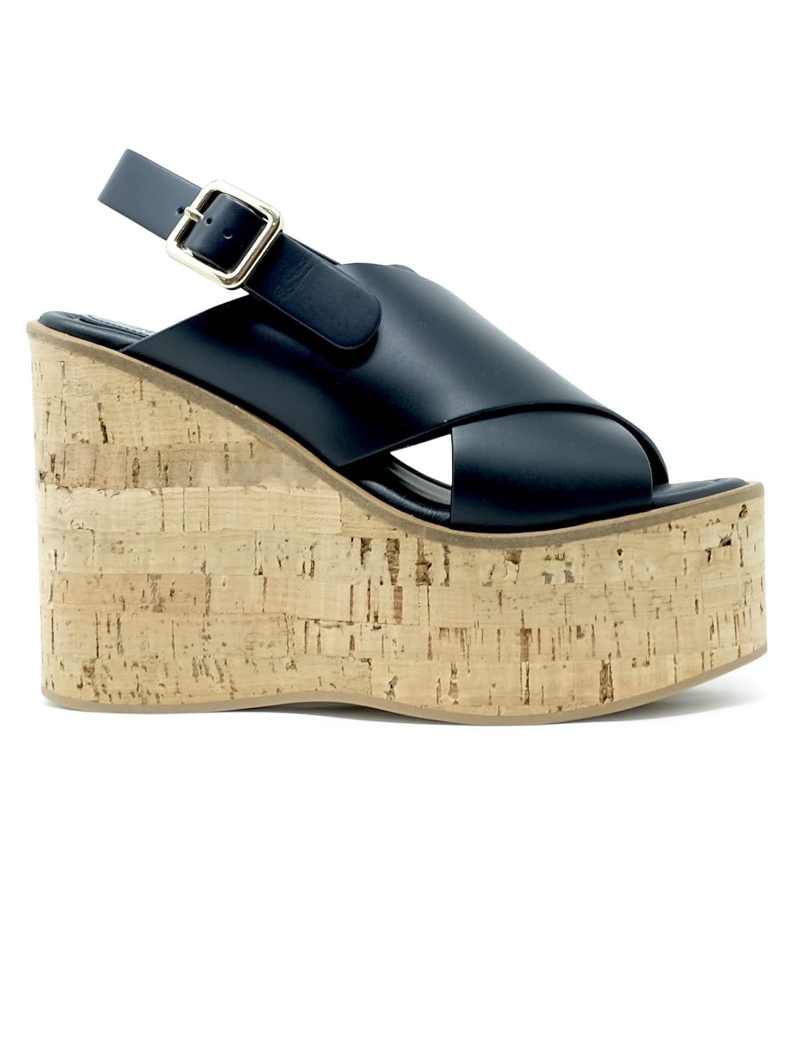 Paloma Barcelo Black Leather Begonia Wedge Sandals