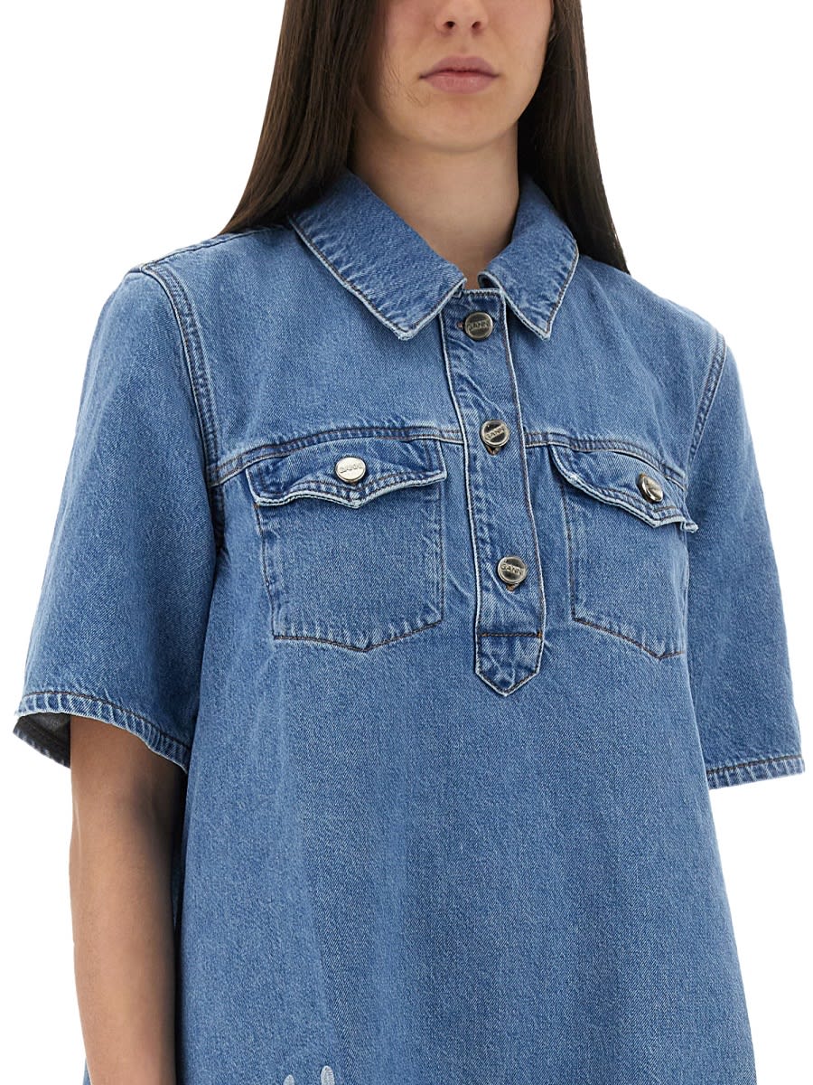 Ganni Denim Dress With Embroidered Hem And Pockets