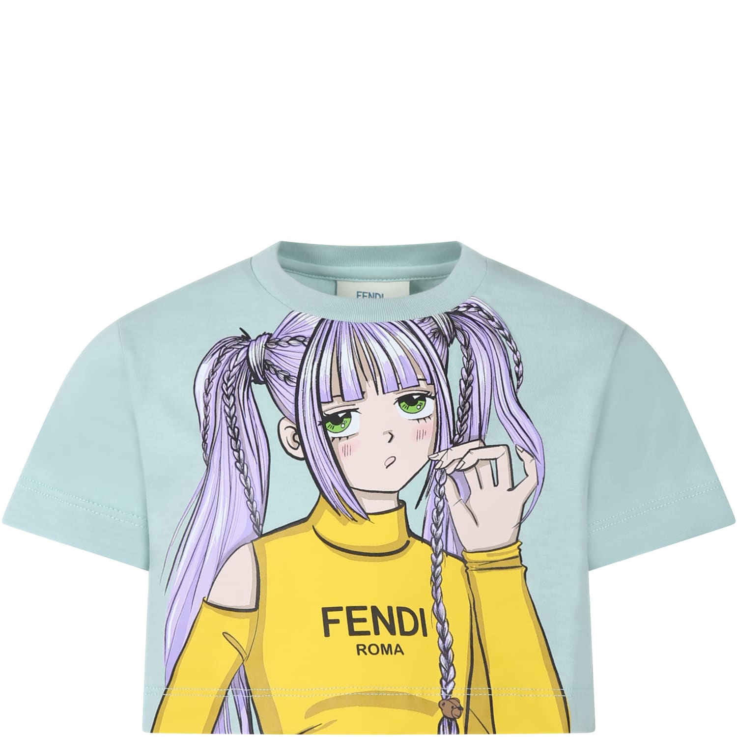 Fendi Kids' Green T-shirt For Girl With Printed Girl