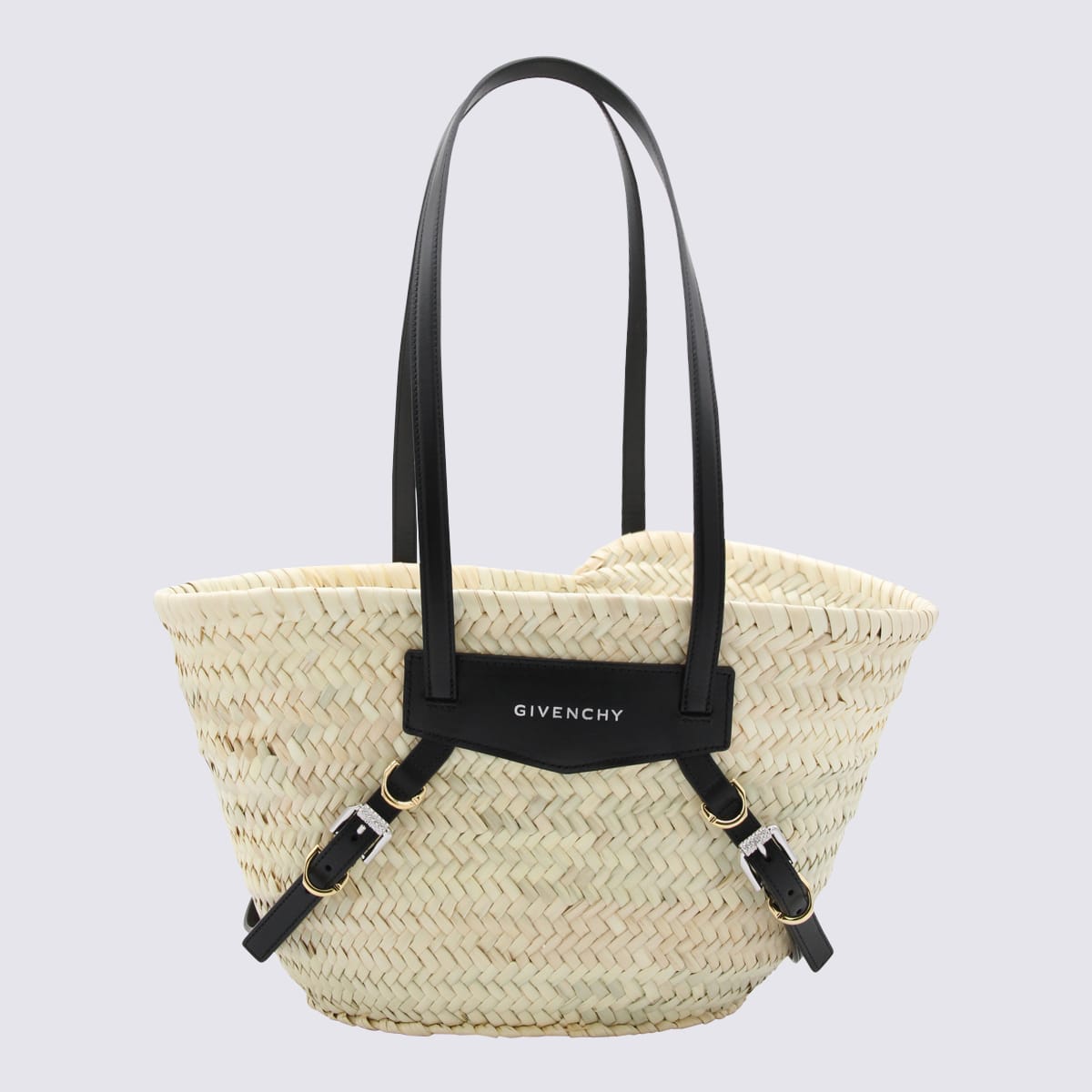 Shop Givenchy Raffia Black Leather Voyou Basket Small Tote Bag