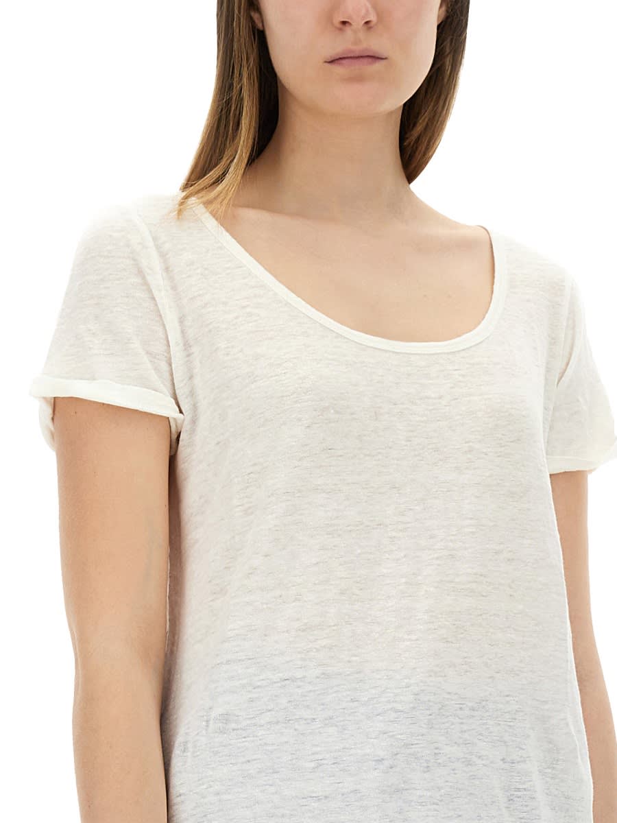 120% Lino Relaxed White Linen T-shirt With Scoop Neckline In White