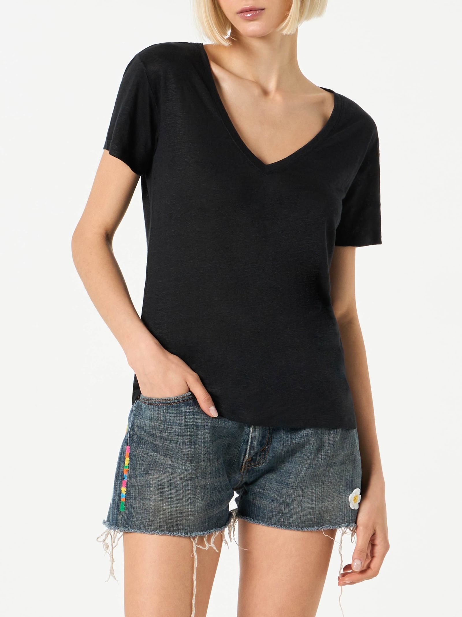 MC2 SAINT BARTH WOMAN BLACK LINEN T-SHIRT