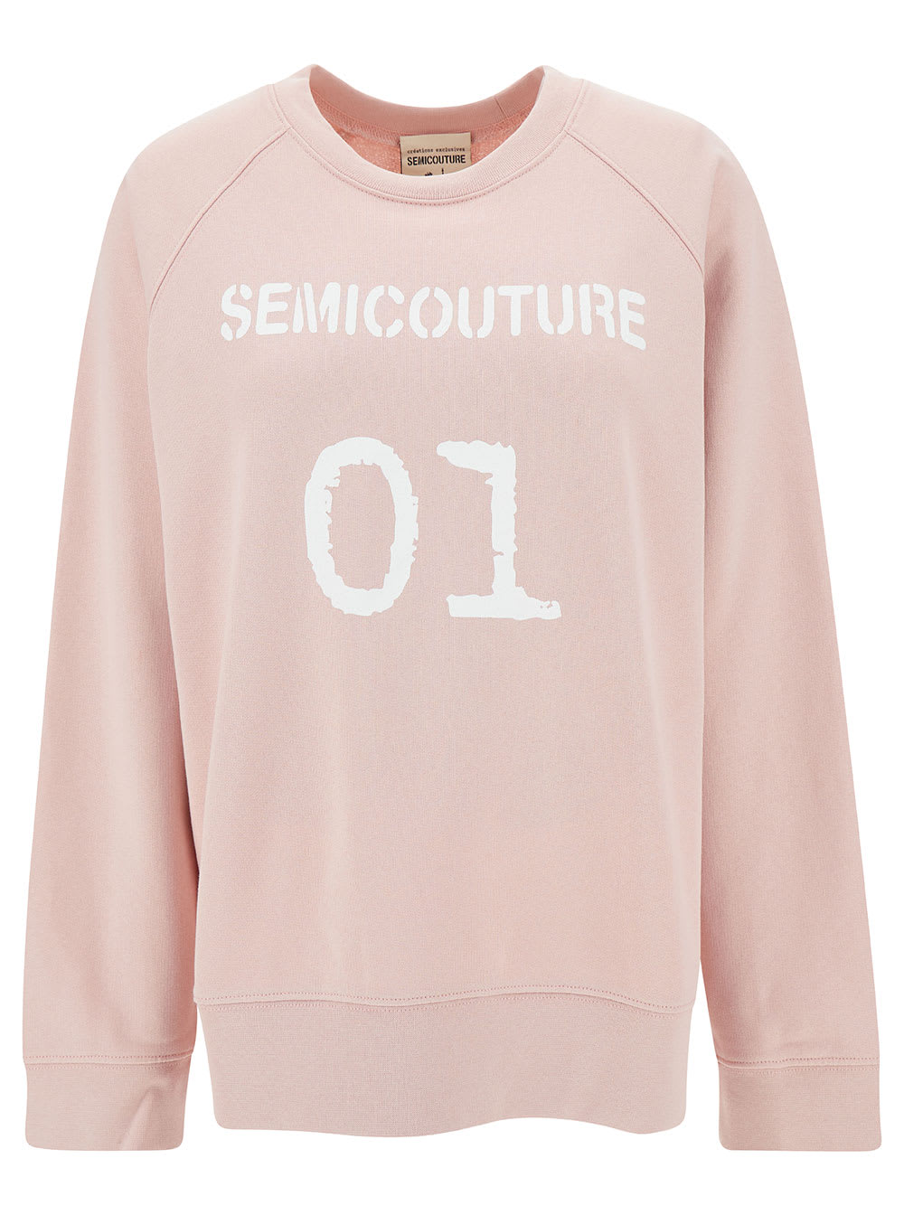 SEMICOUTURE PINK CREWNECK SWEATSHIRT WITH LOGO PRINT IN COTTON WOMAN