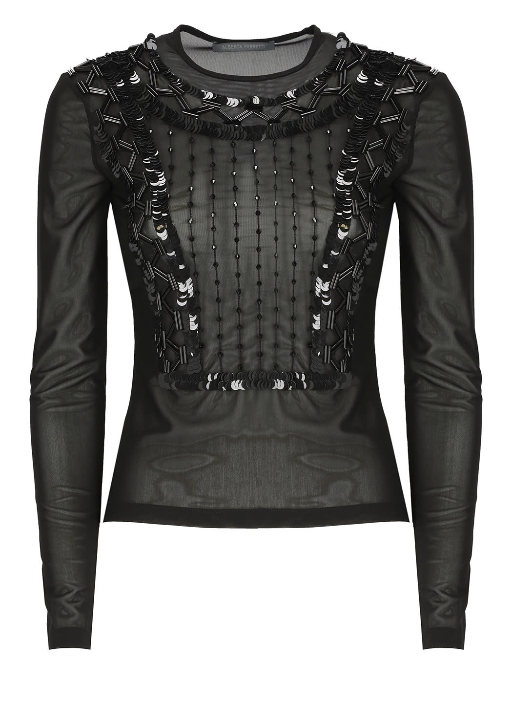 Alberta Ferretti Embellished Long-sleeve Mesh Bodysuit In Black