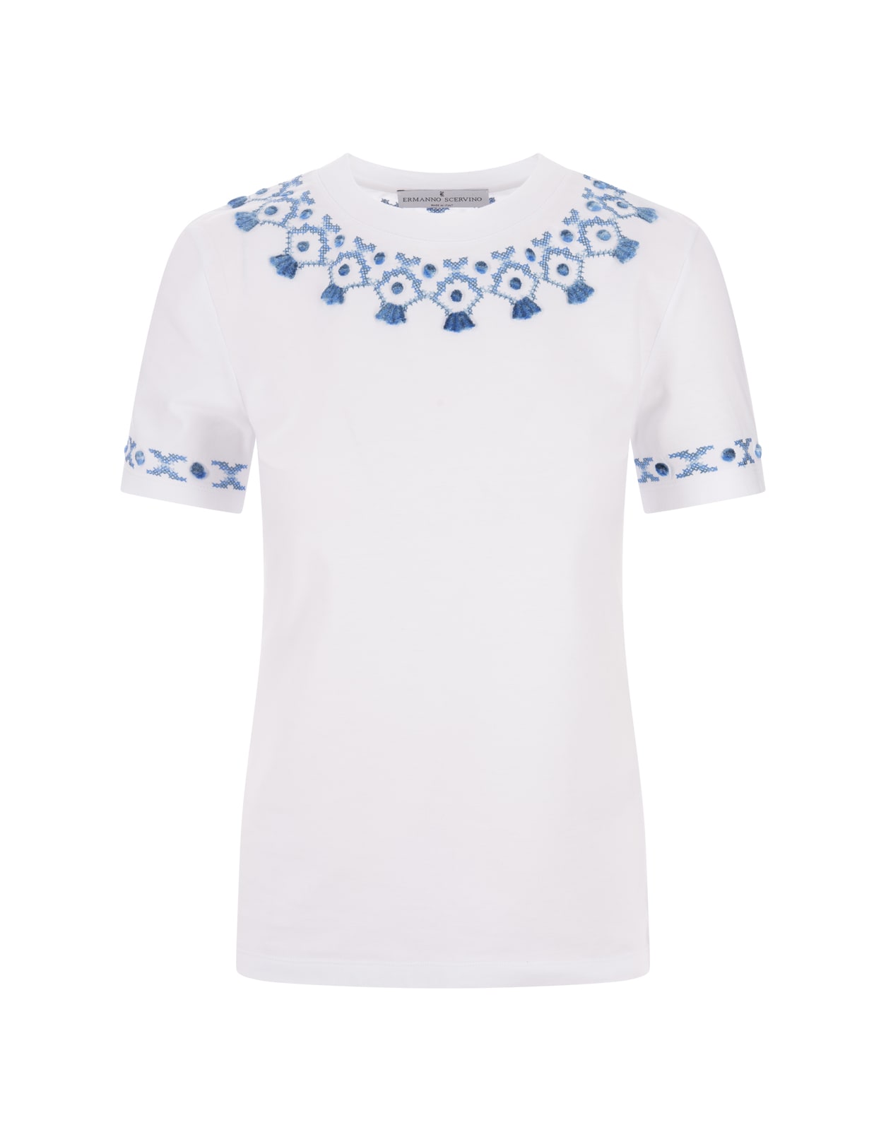 Ermanno Scervino White T-shirt With Blue Ethnic Embroidery