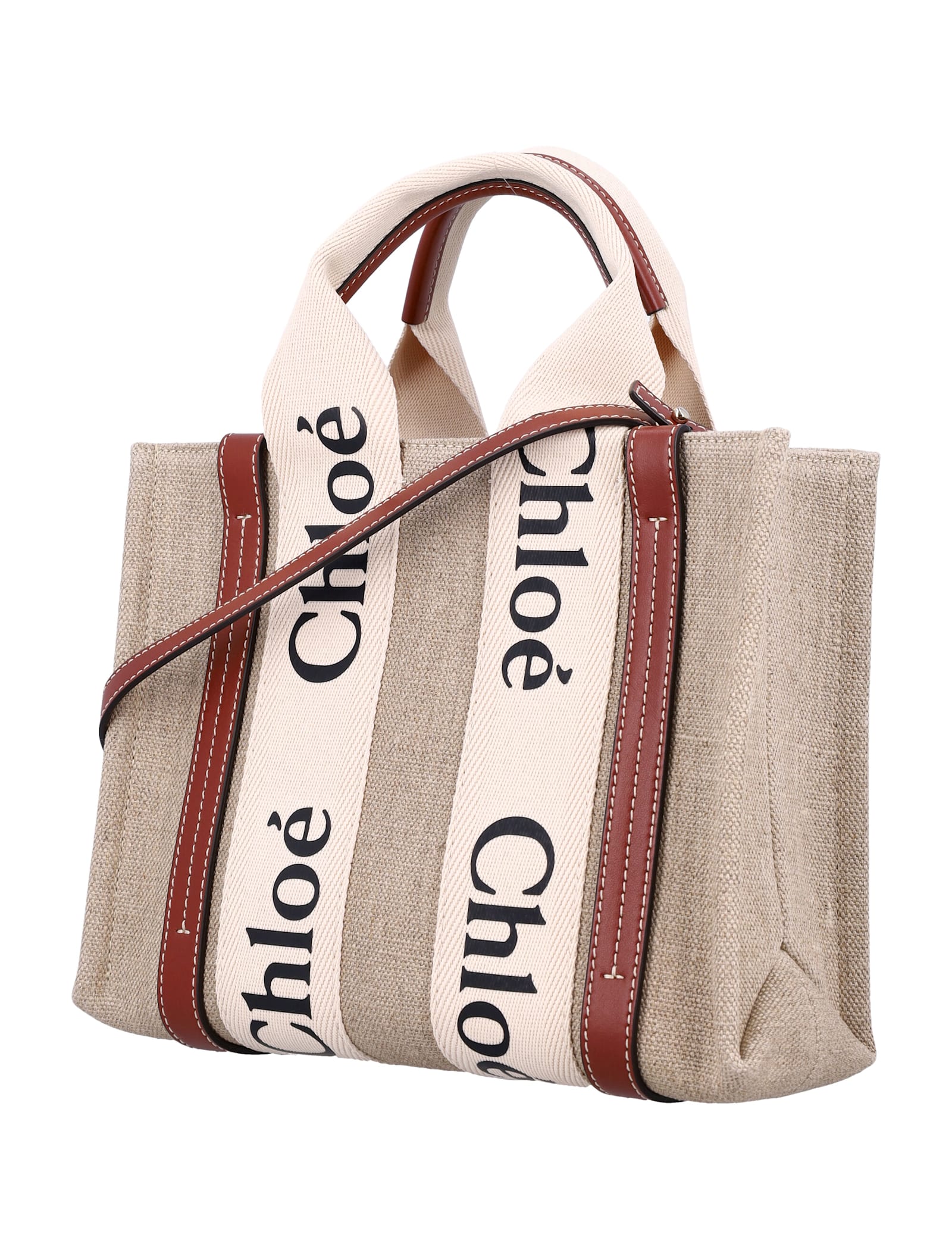 Shop Chloé Linen Woody Medium Tote Bag In White - Brown 1