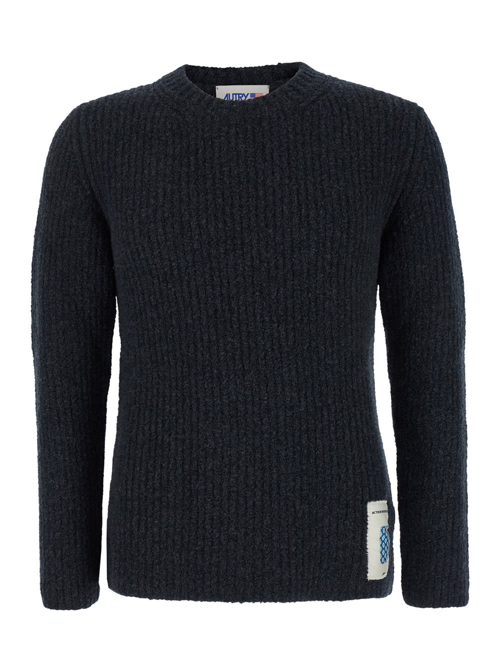 Shop Autry Grey Crewneck Sweater With Logo Patch In Ribbed Wool Man In Black