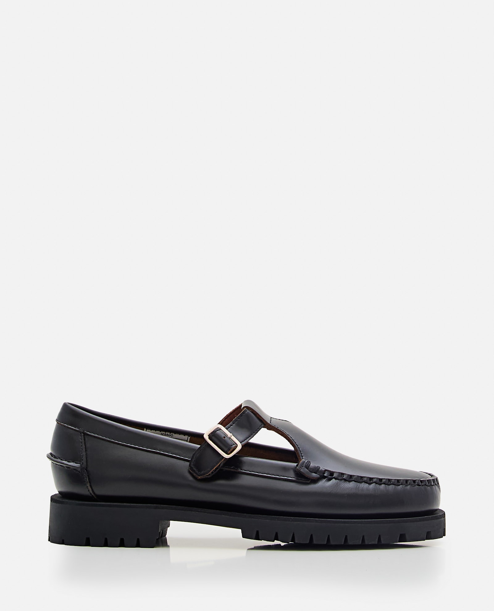 Shop Sebago Georgina Lug Leather Loafer With T-bar In Black