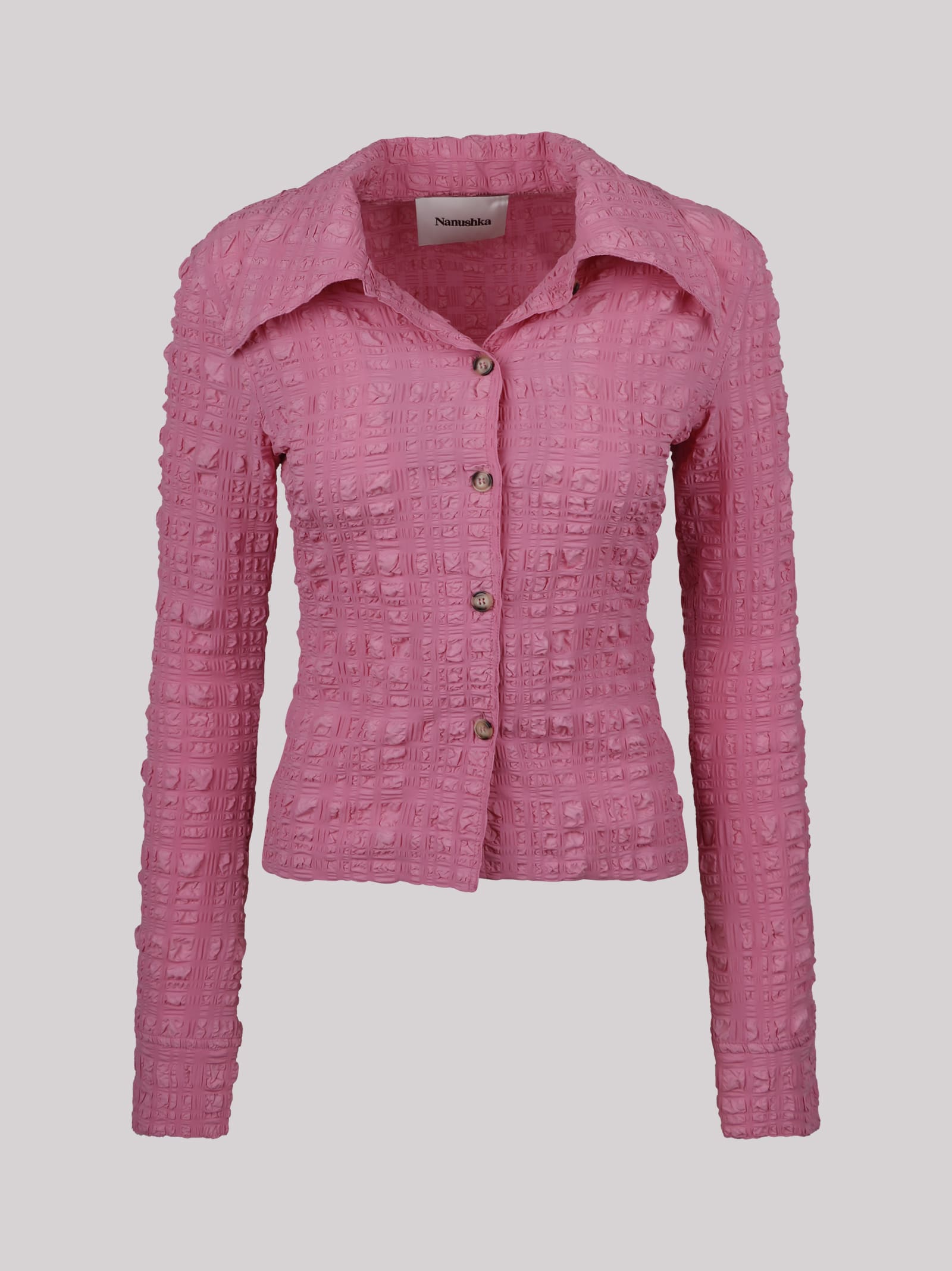 Shop Nanushka Fitted Long-sleeve Seersucker Shirt In Pink