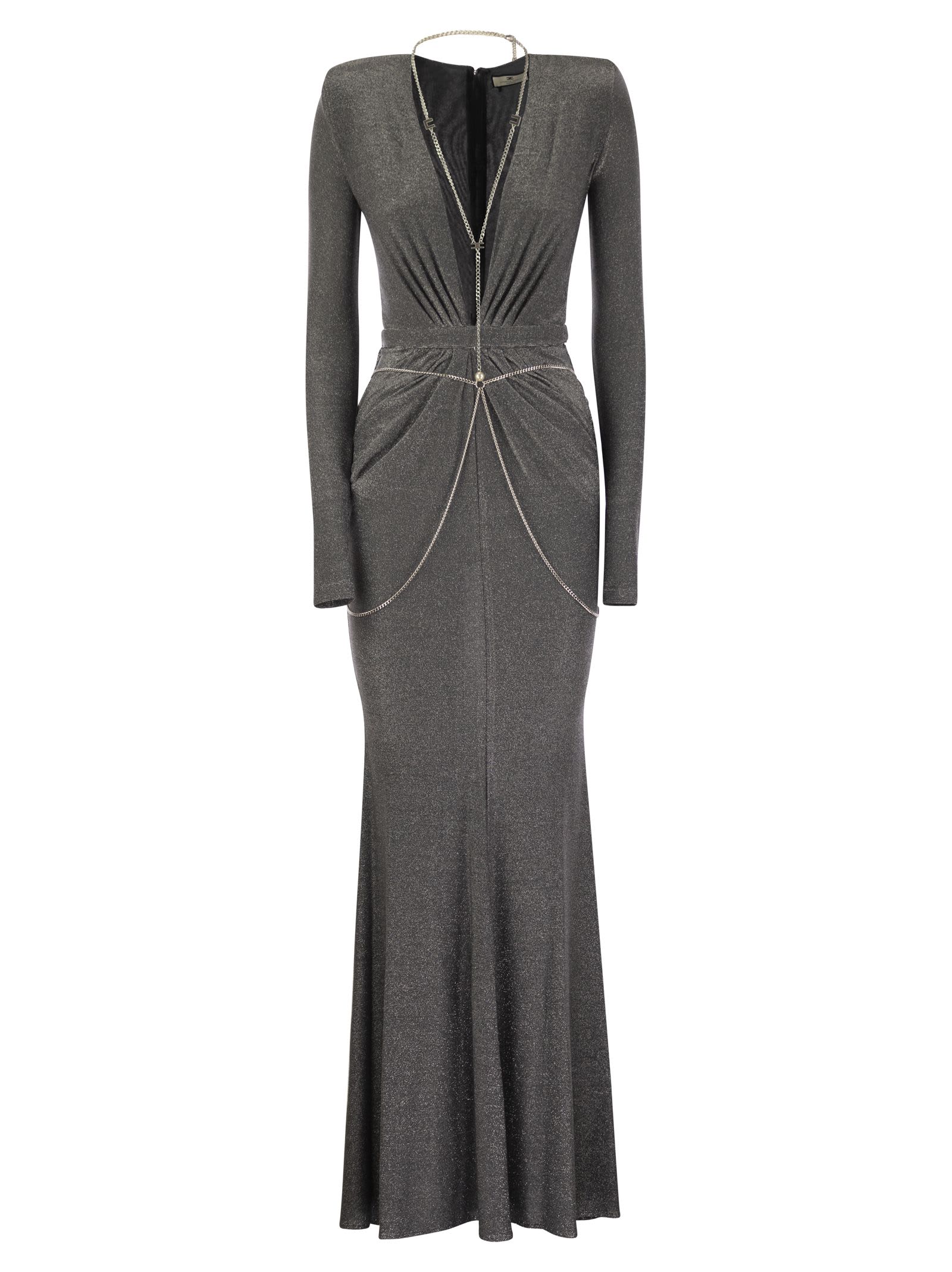 Elisabetta Franchi Red Carpet Dress In Lurex Jersey With Body Chain In Grey