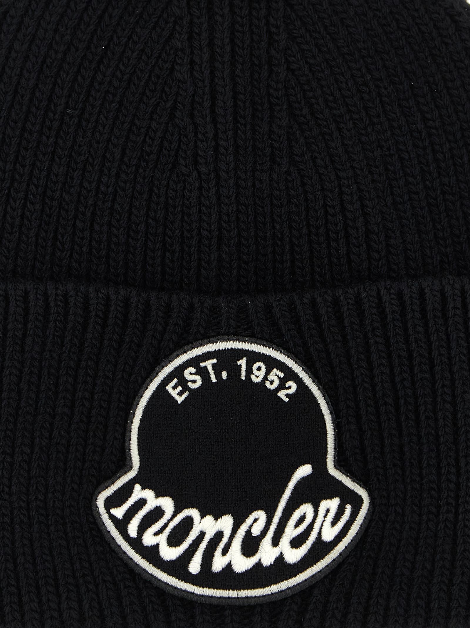 Moncler Black Wool Knit Logo Patch Beanie In Black