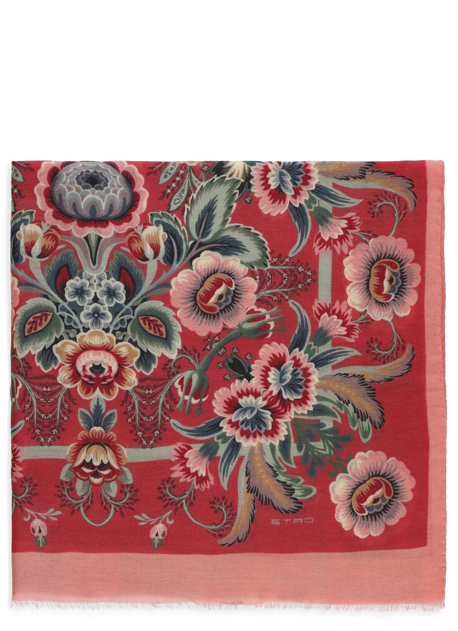 Etro Paisley Floral Wool Scarf With Fringed Edges In Red