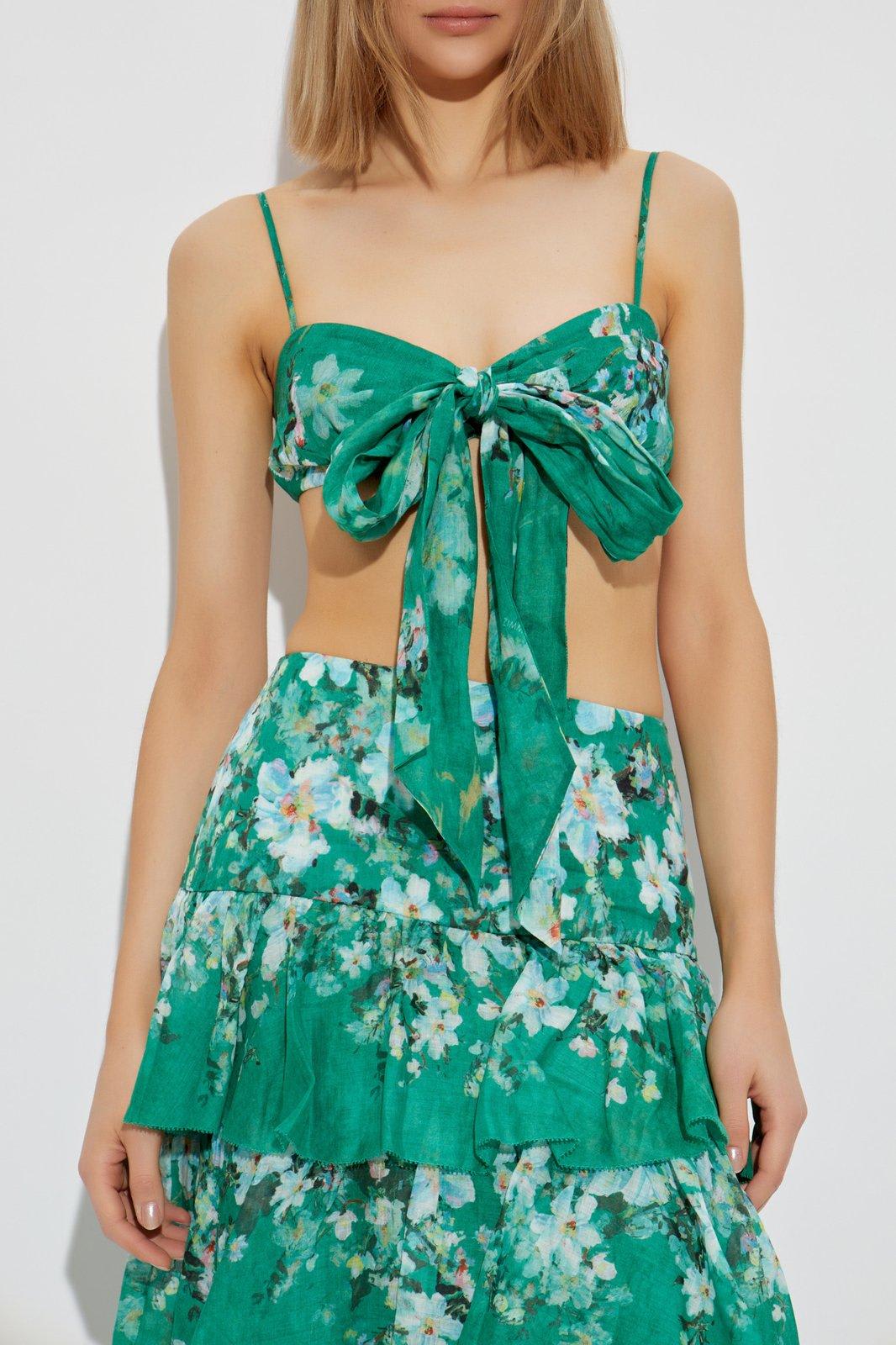 Zimmermann Womens Everley Bow Floral-pattern Linen Bralette Green Watercolour Floral In Green
