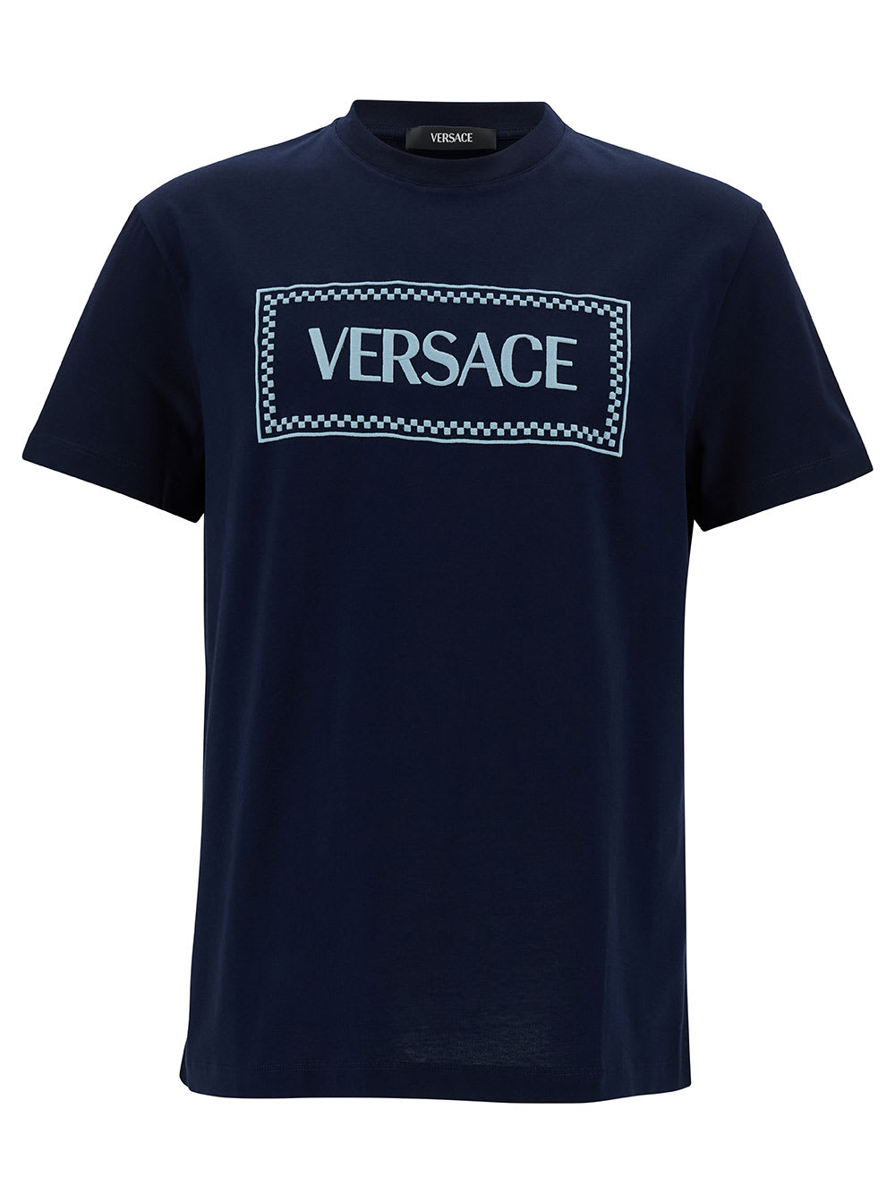 Shop Versace Blue Crewneck T-shirt With 90s Logo Print In Cotton Man