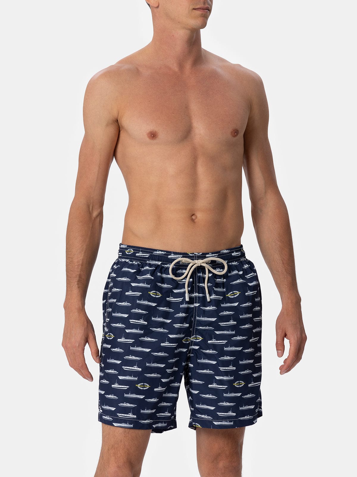 Mc2 Saint Barth Man Lightweight Fabric Swim-shorts Lighting With Magnum Marine Print Magnum Marine Special Edition In Blue