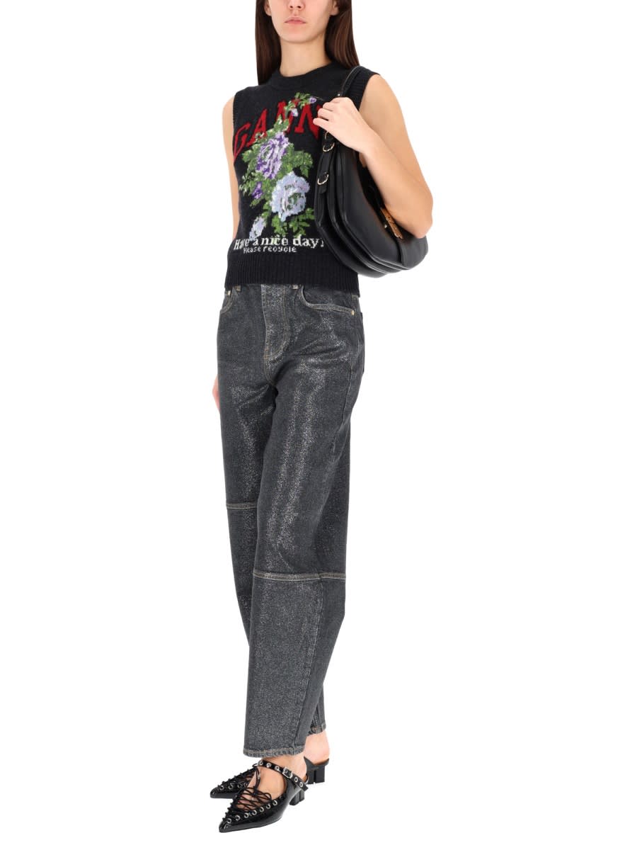 Ganni Flowers Grey Vest In Gray