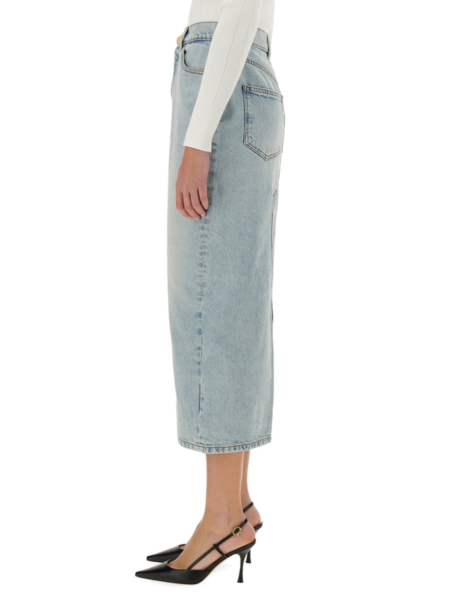 Balmain Midi Denim Skirt With Slit In Denim