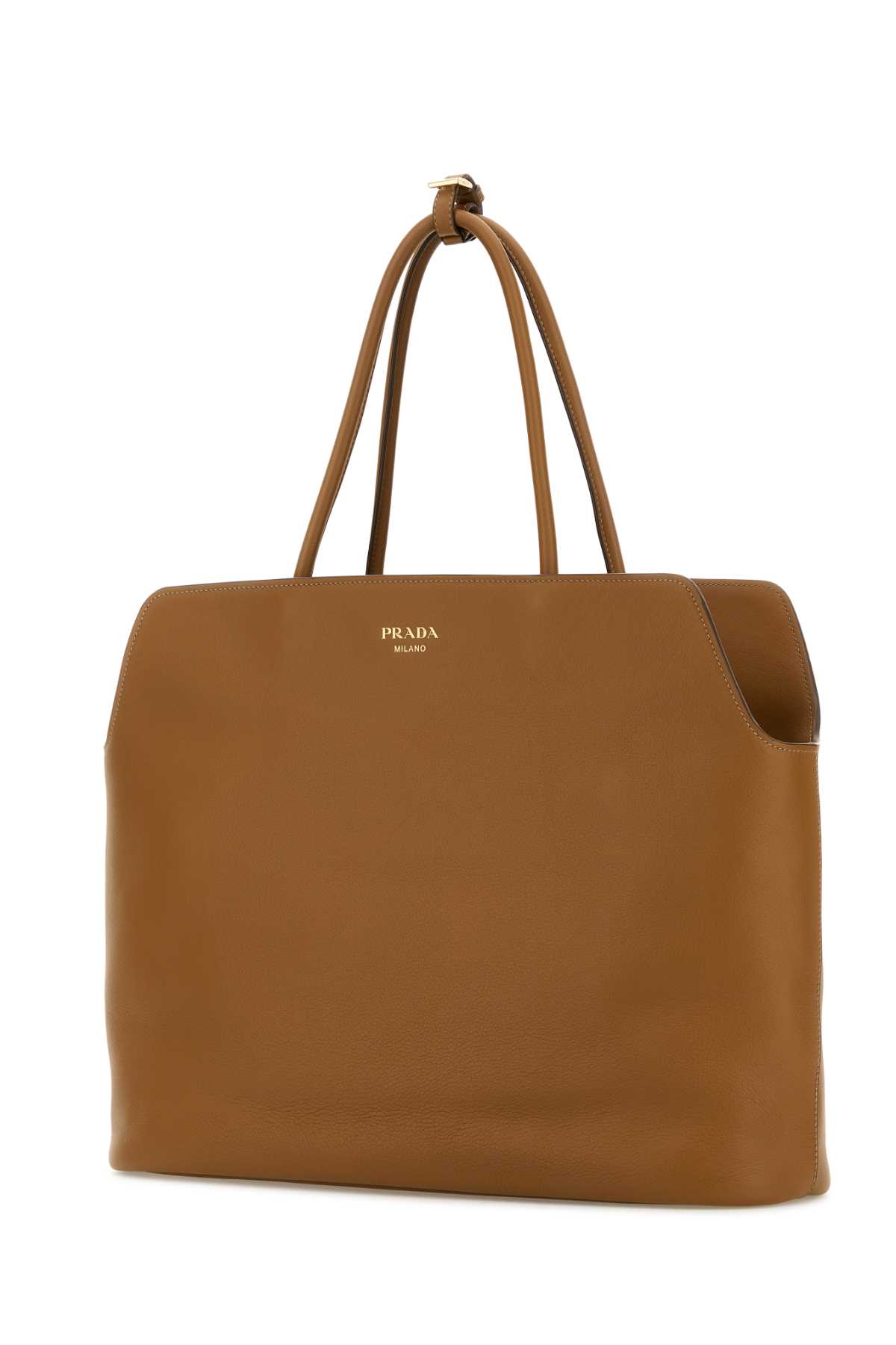 Prada Leather Shopping Bag With Structured Shape And Top Handles In Brown