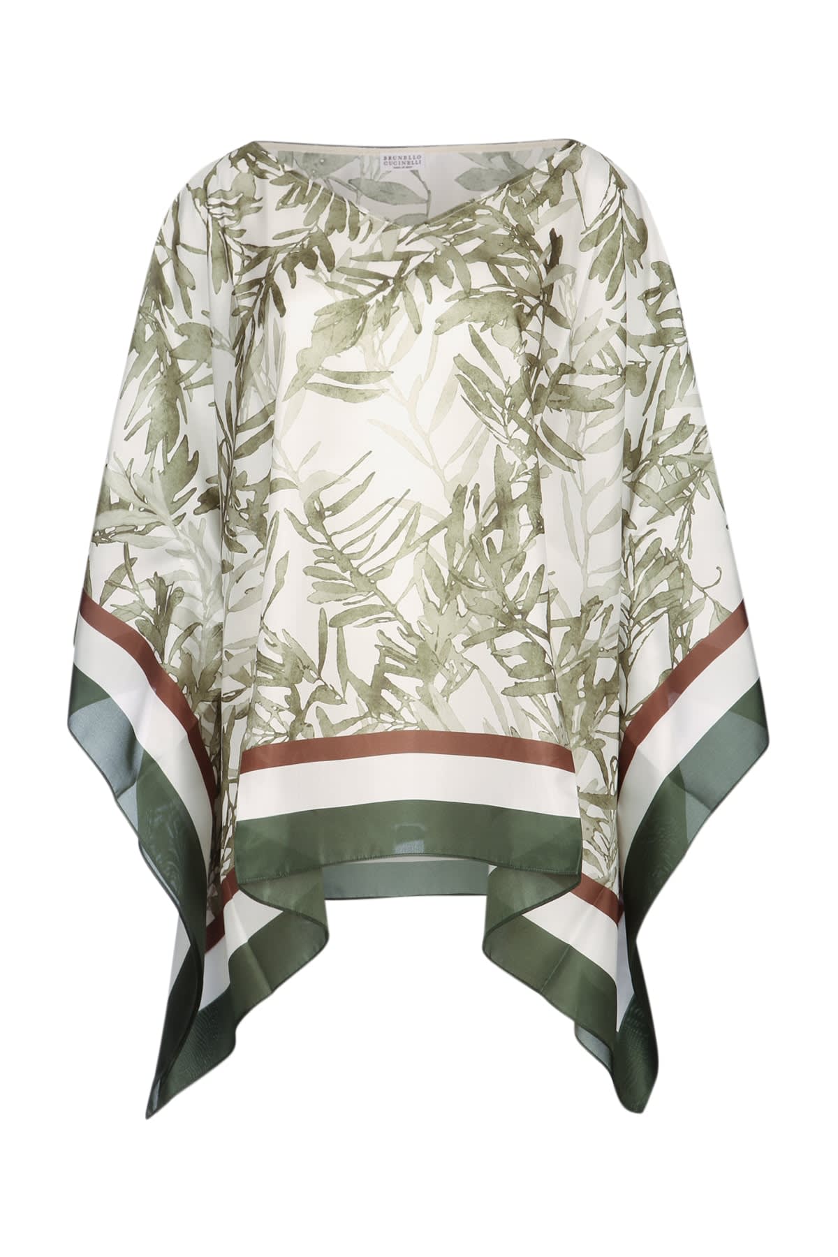 Brunello Cucinelli Green Herbarium Print Pongée Top With Monili