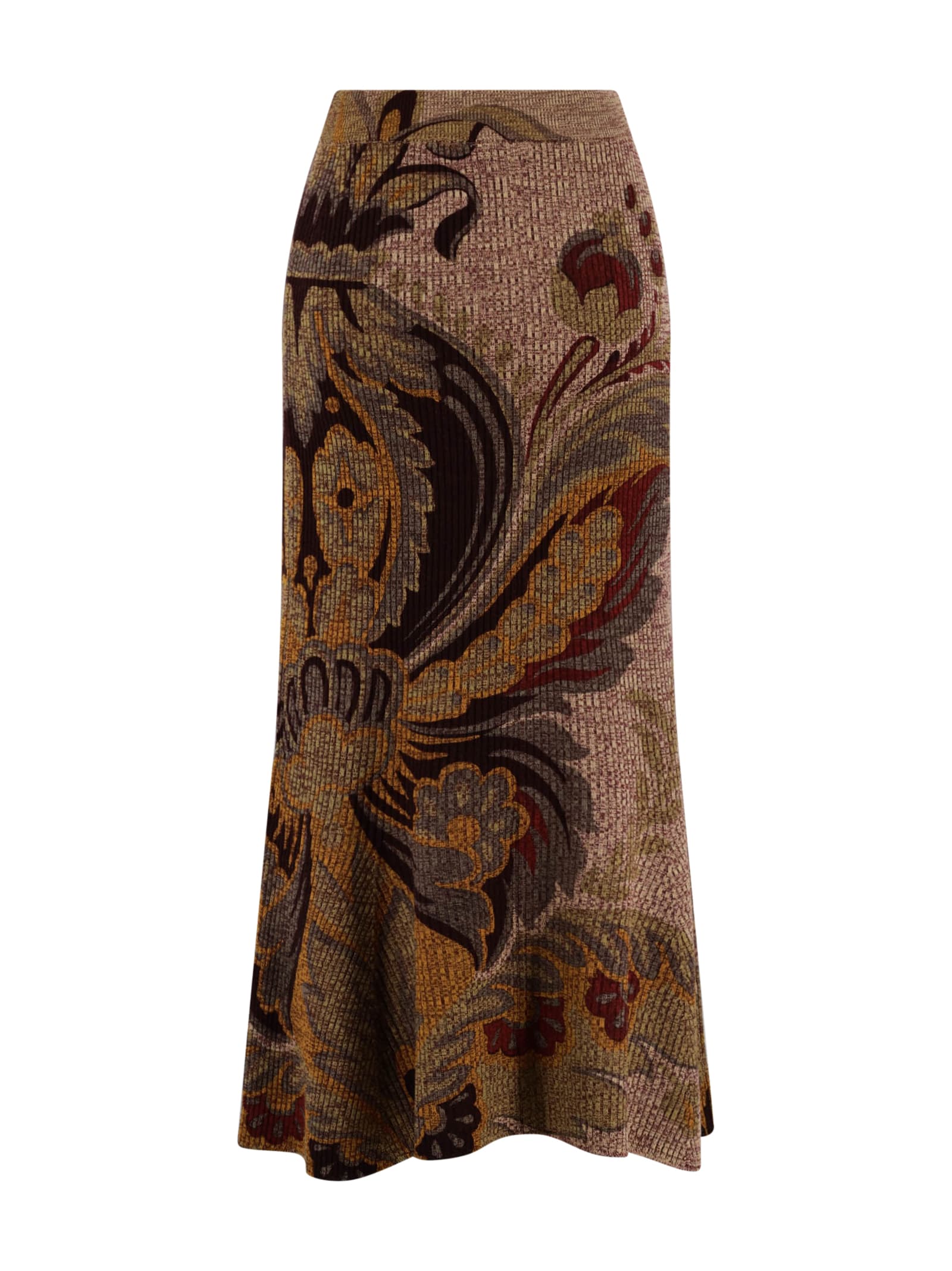 Etro Long Skirt With Multicolor Floral Pattern In Brown