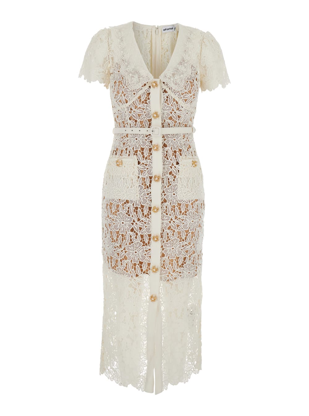 Shop Self-portrait White Double-layer Midi Dress In Lace Woman In Neutro