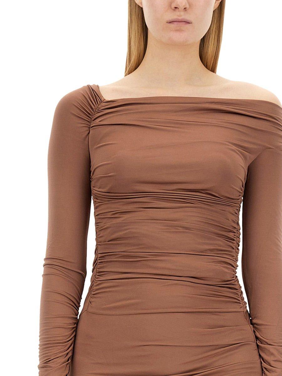 Shop Helmut Lang Off-the-shoulder Maxi Dress In Brown