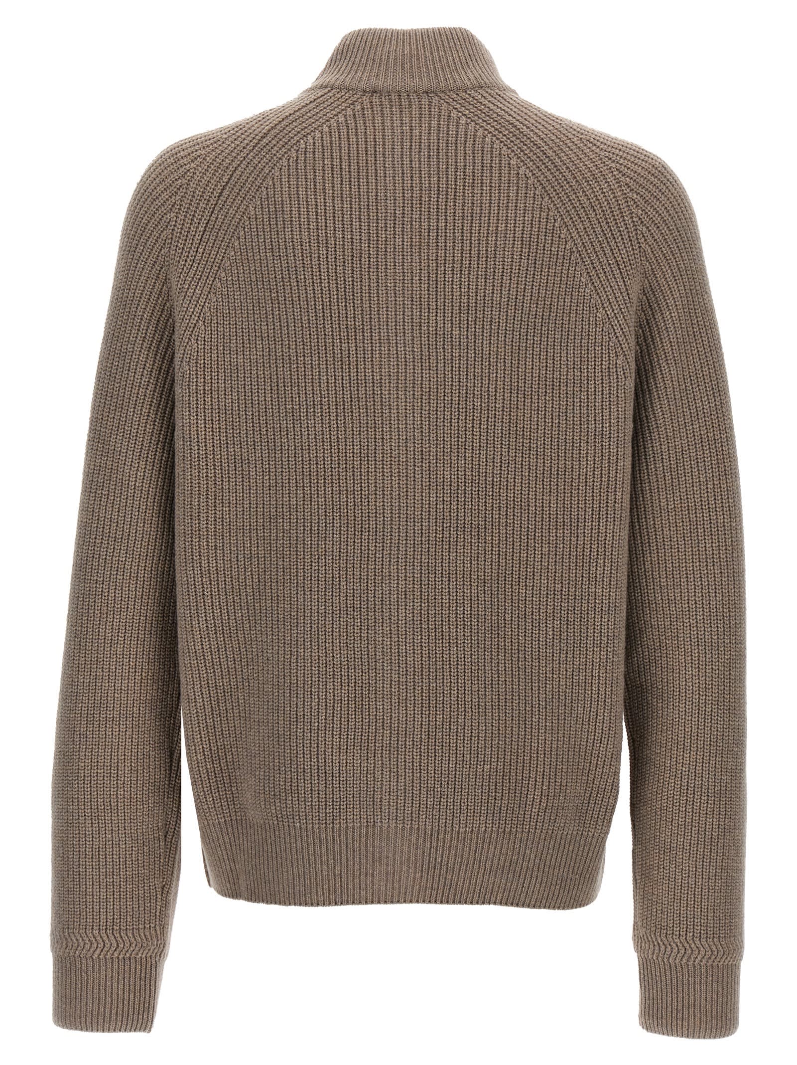 Giorgio Armani Ribbed Texture High Neck Cardigan With Front Pockets In Mole