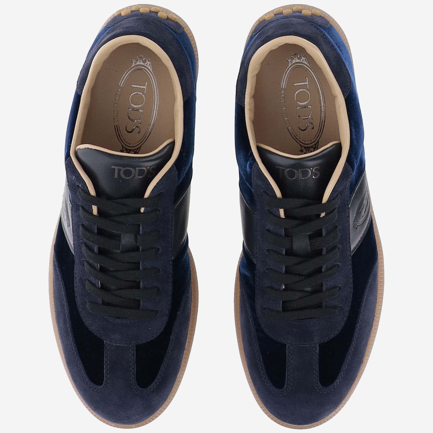 Shop Tod's Velvet And Leather Sneakers In Blue