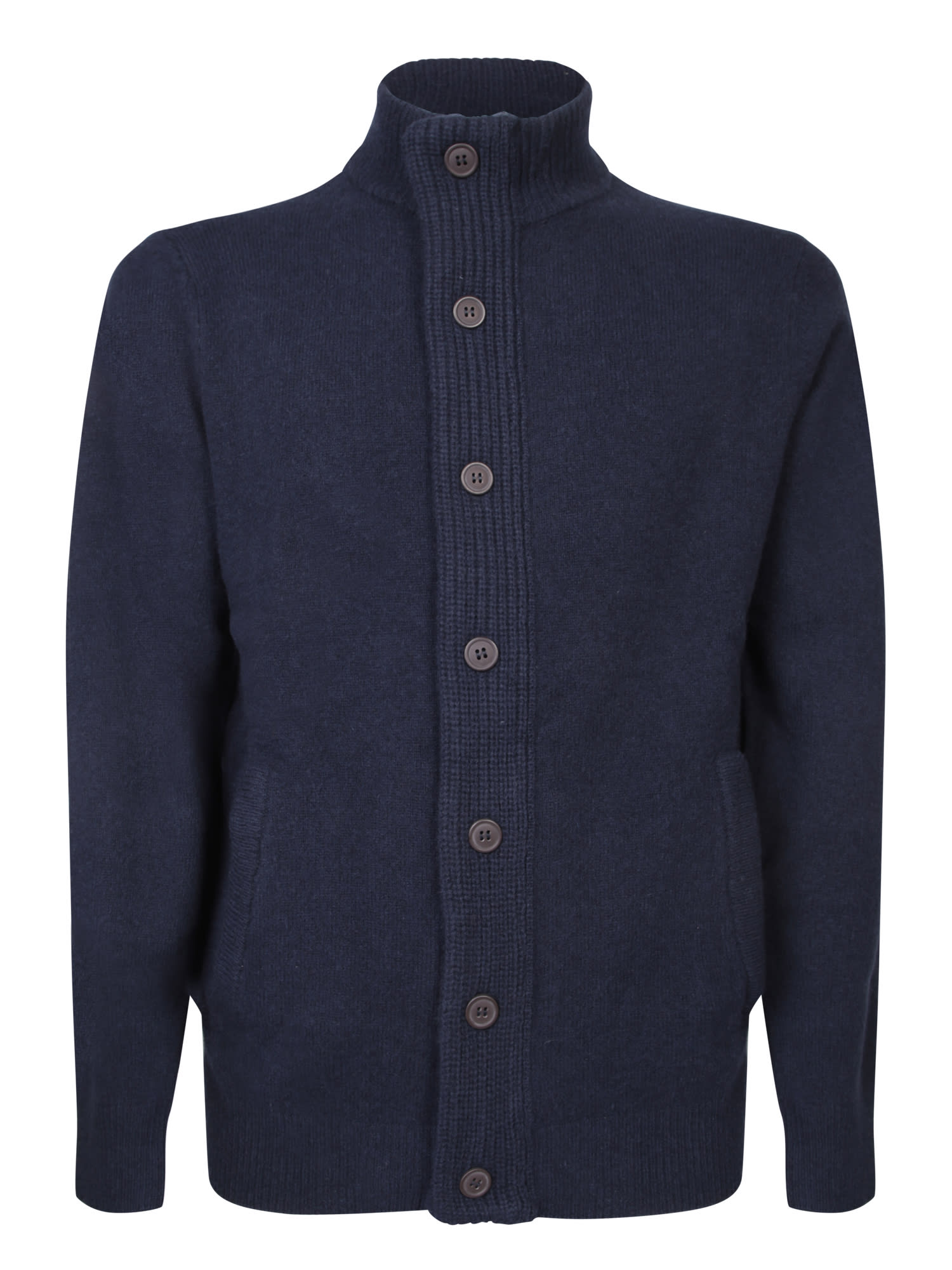 Barbour High Collar Wool Cardigan With Button-down Front In Blue