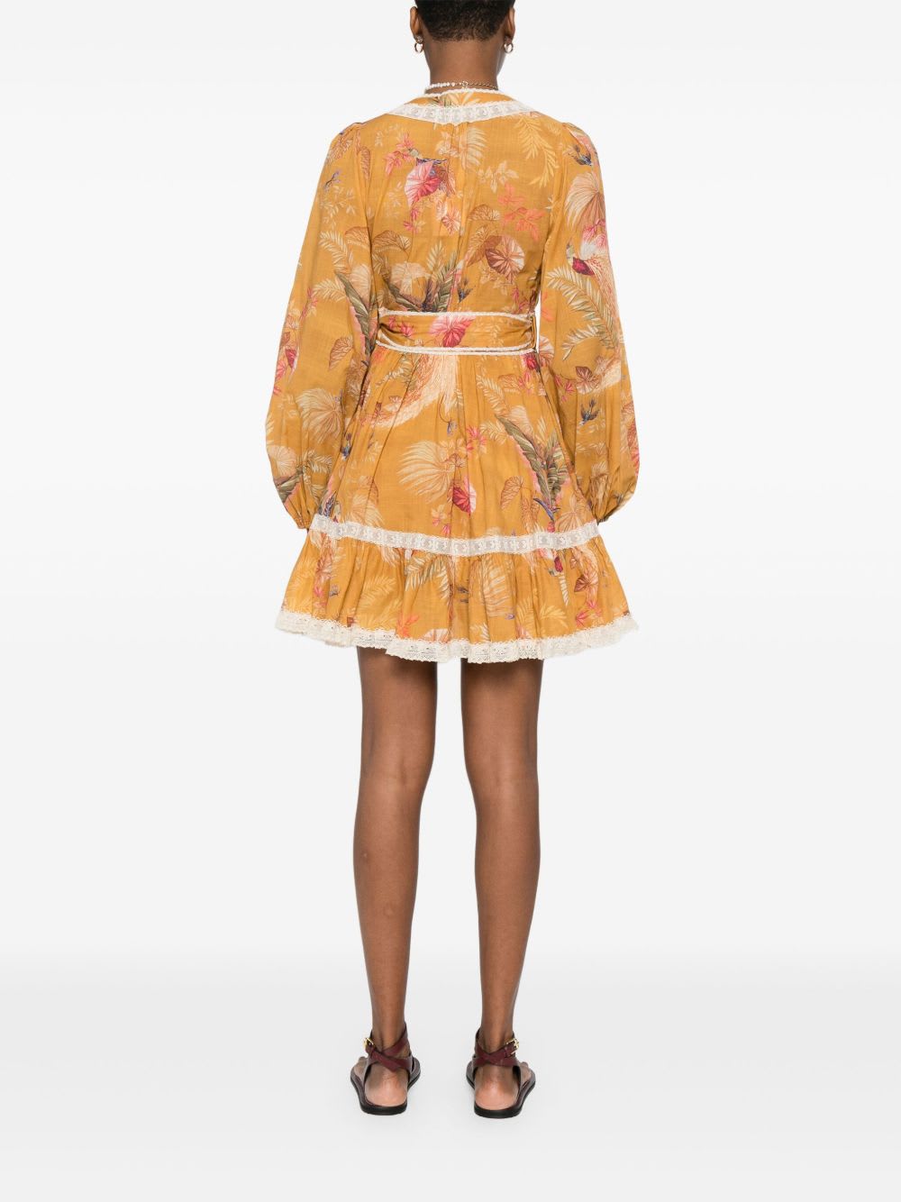 Zimmermann Frill Cotton Short Dress With Floral Print In Brown