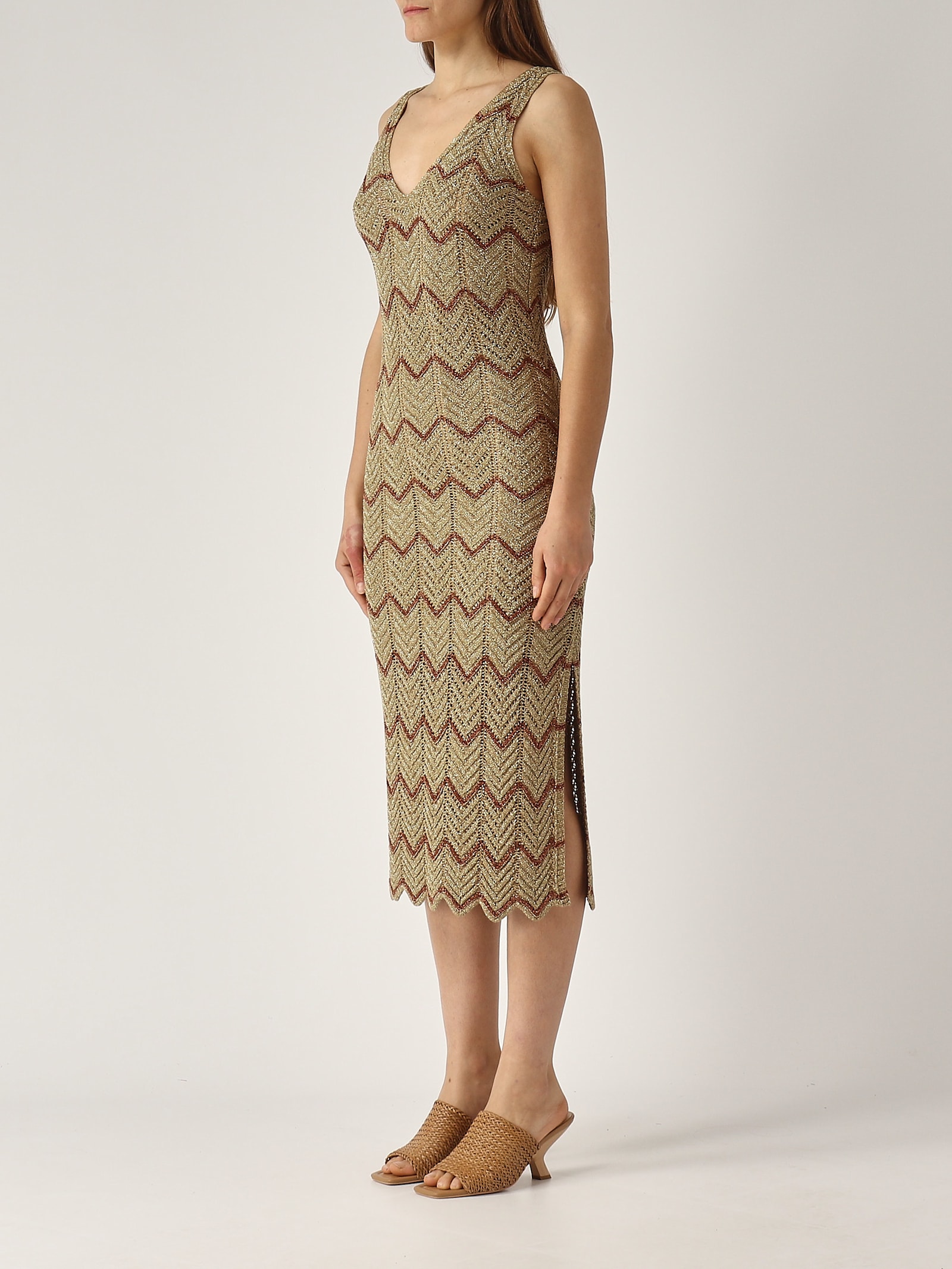 Twinset Midi Dress With Zig Zag Motif With Slit In Ambra