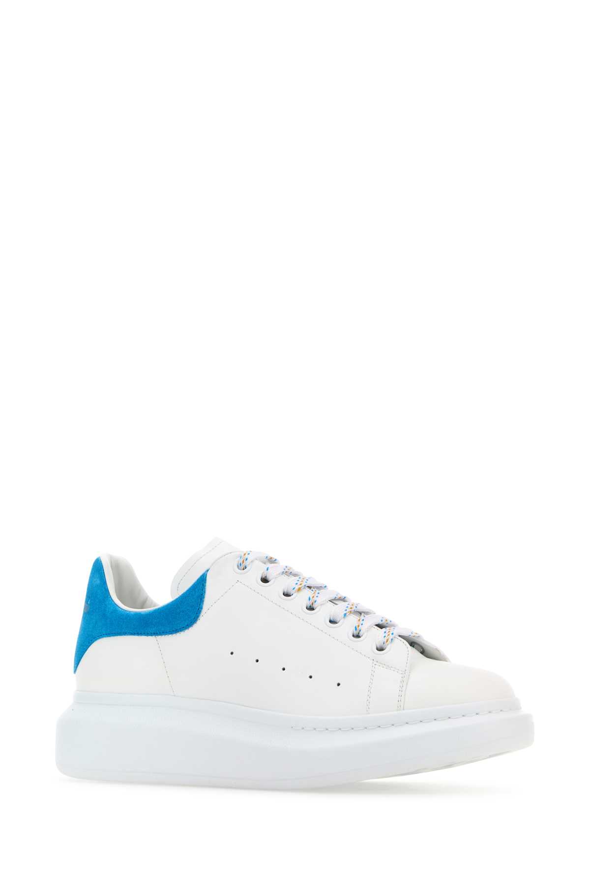 Alexander Mcqueen White Leather Sneakers With Light Blue Suede Heel In Whitelapisblue