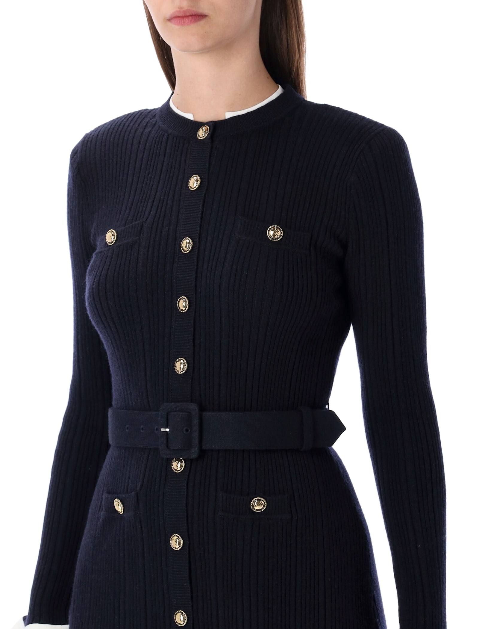 Self-portrait Navy Knit Mini Dress With Gold Buttons In Black