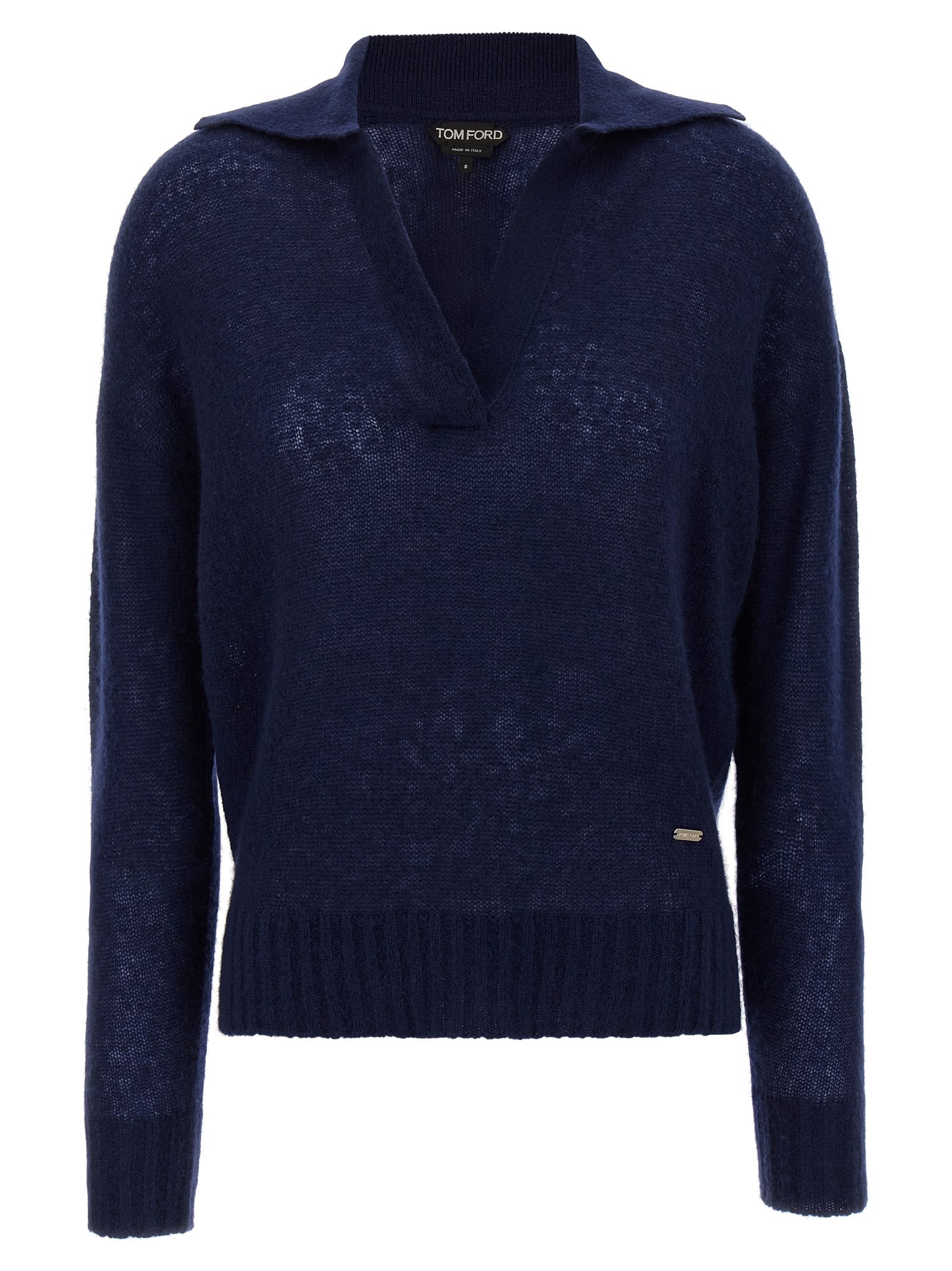 Tom Ford V Neck Long Sleeve Ribbed Hem Polo In Blue