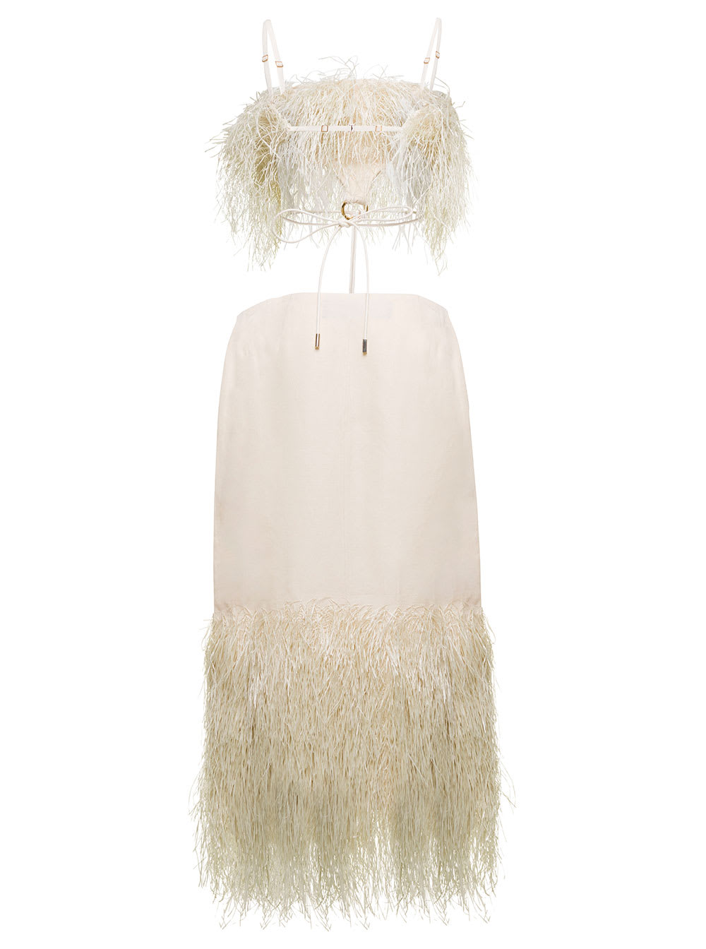 Shop Jacquemus La Robe Raphia Midi Cream White Dress With Fringes And Cut-out In Cotton Canvas Woman