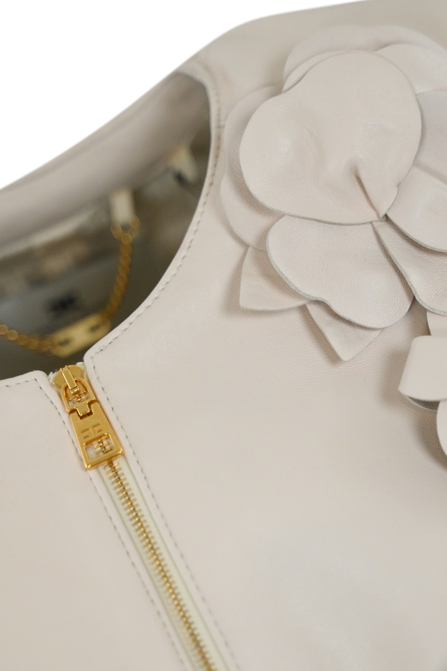 Elisabetta Franchi Leather Jacket With Floral Applications In Burro